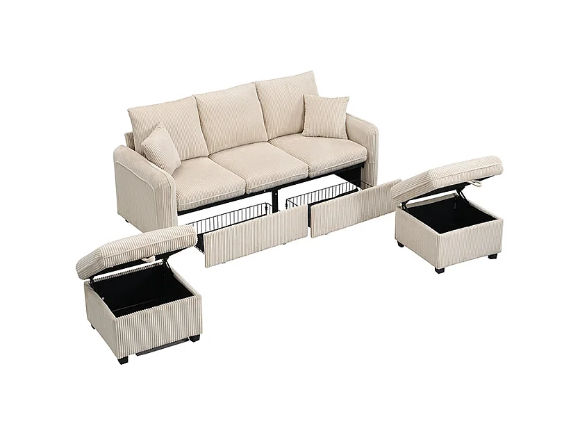 Canapé d'angle beige - Canapé 3 places avec 2 tiroirs et 2 tabourets de rangement - amovible