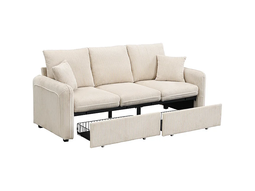 Canapé d'angle beige - Canapé 3 places avec 2 tiroirs et 2 tabourets de rangement - amovible