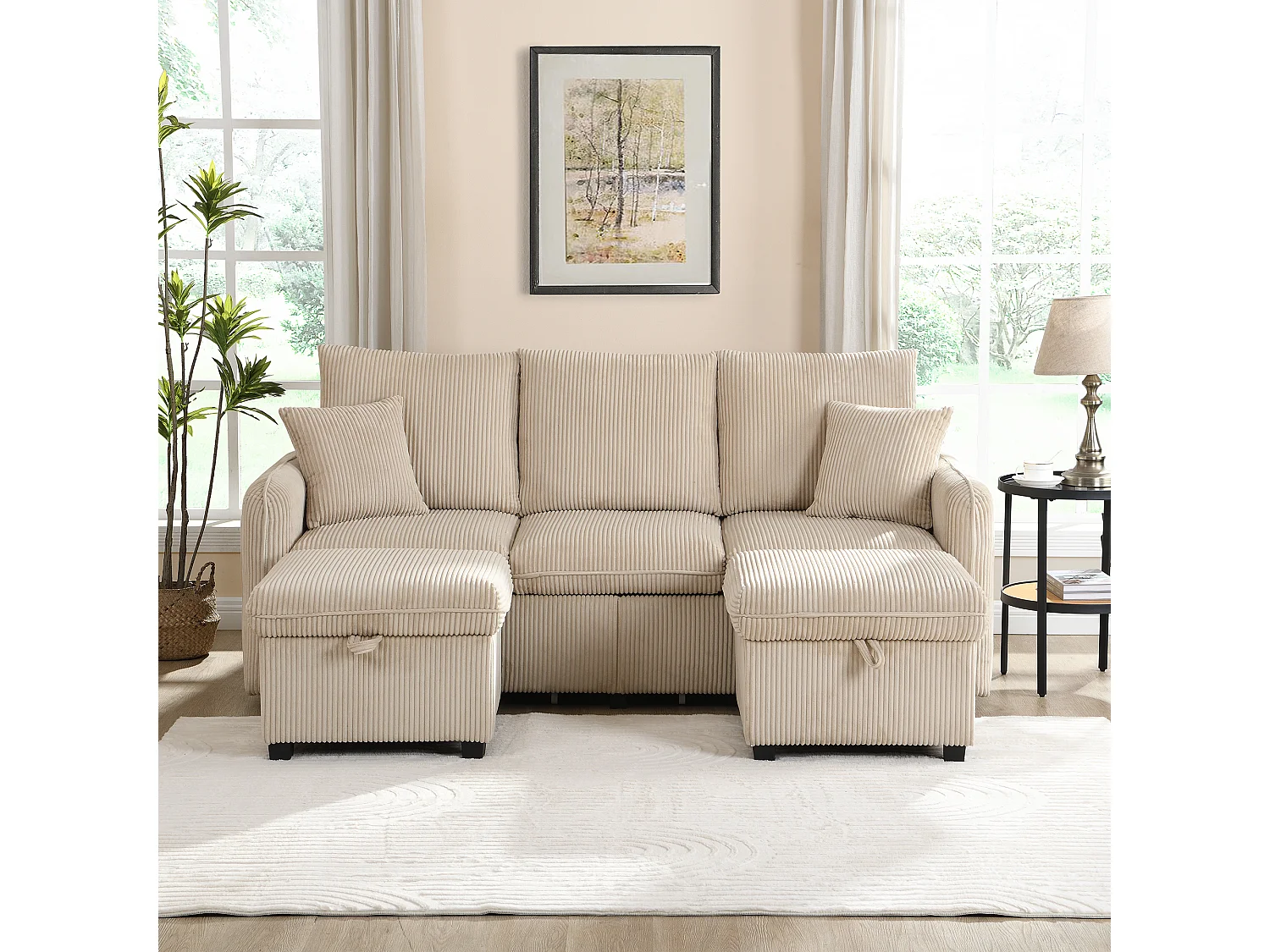 Beige hoekbank - 3-zitsbank met 2 lades en 2 opbergkrukken - uitneembaar