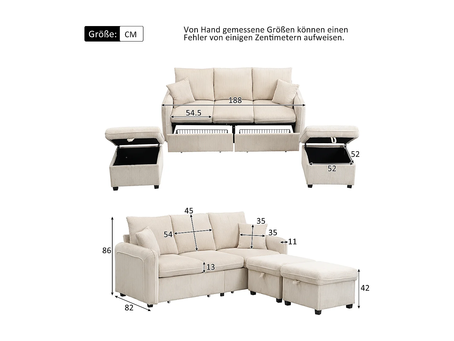 Beige hoekbank - 3-zitsbank met 2 lades en 2 opbergkrukken - uitneembaar