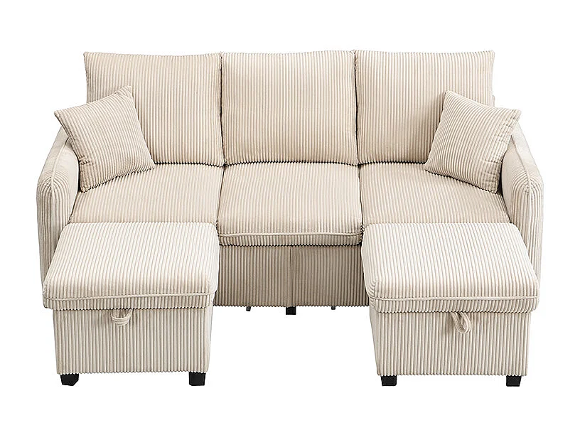 Beige hoekbank - 3-zitsbank met 2 lades en 2 opbergkrukken - uitneembaar