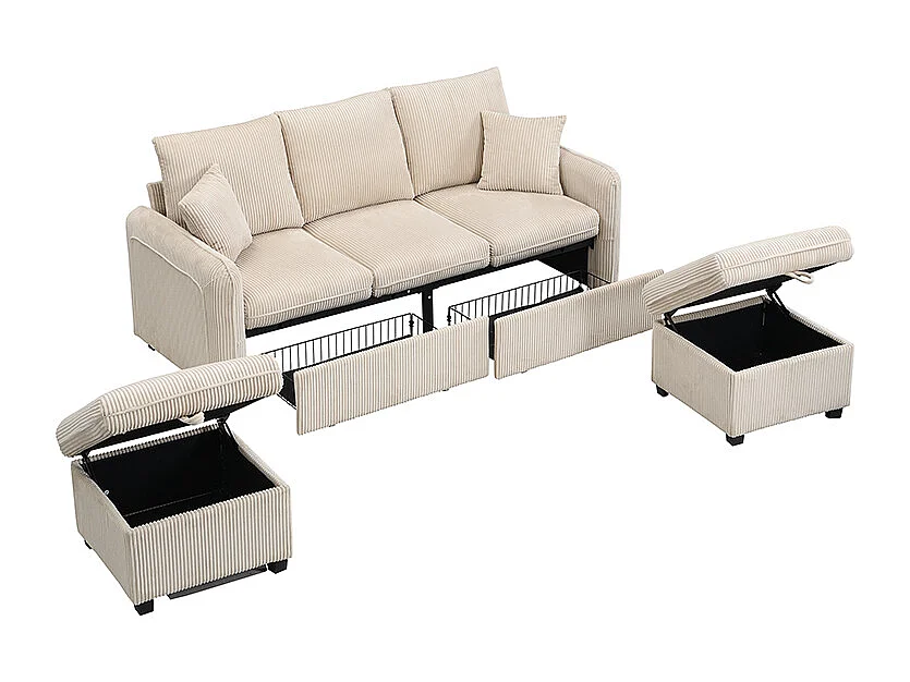 Beige hoekbank - 3-zitsbank met 2 lades en 2 opbergkrukken - uitneembaar