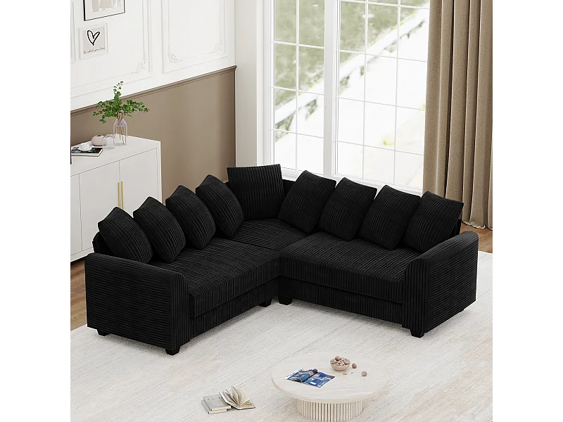 Schwarzes Ecksofa – 4-Sitzer-Sofa mit Rückenkissen und Armlehnen – für das wohnzimmer