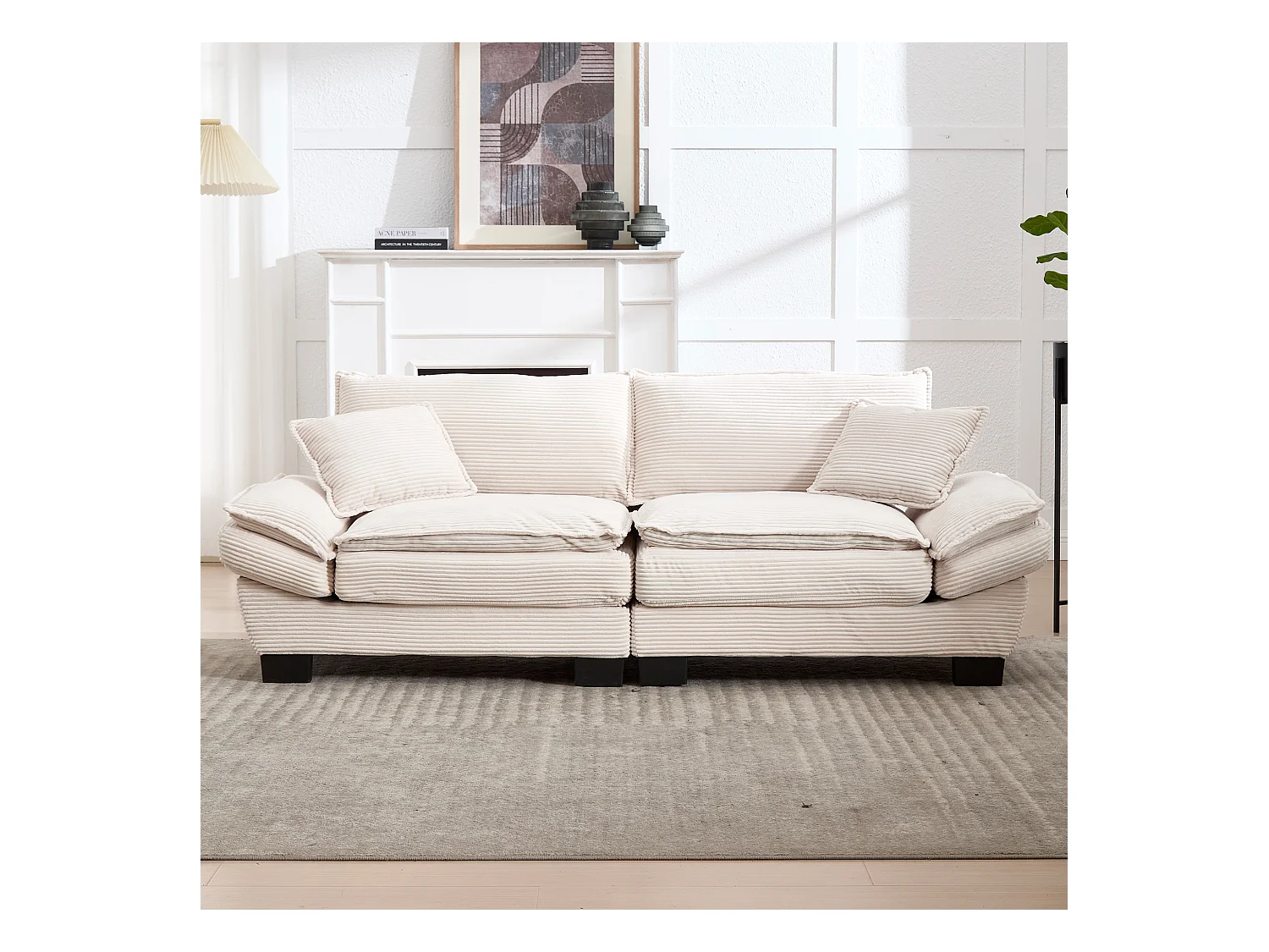 Sofa dwuosobowa - Sofa prosta z poduszkami - beżowa - do salonu i sypialni