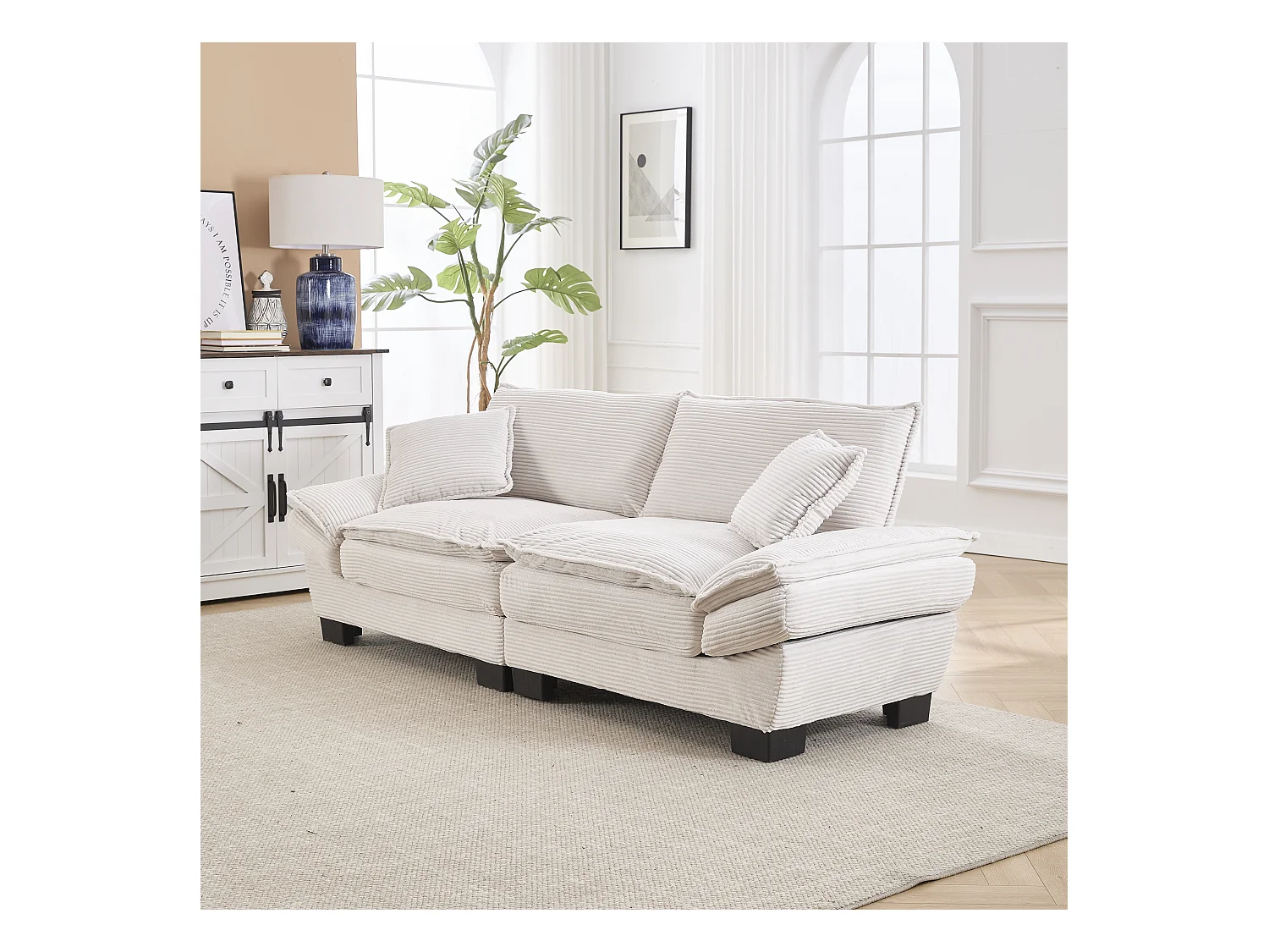 Sofa dwuosobowa - Sofa prosta z poduszkami - beżowa - do salonu i sypialni