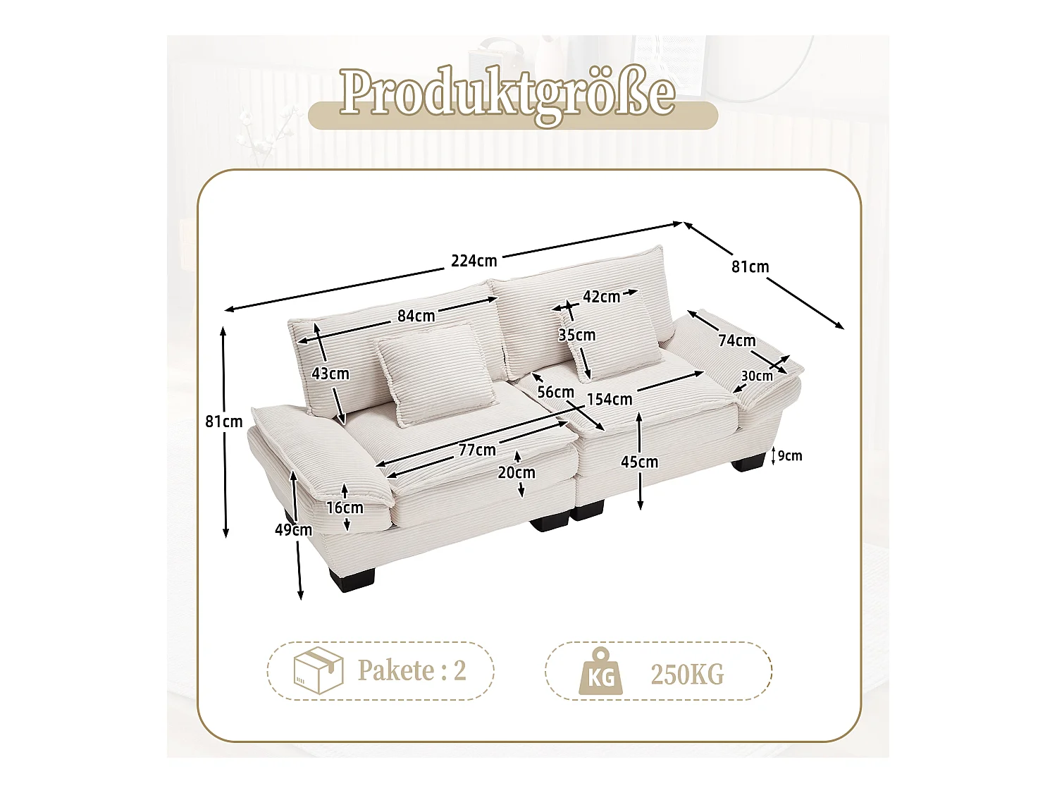 Canapé 2 places - Canapé droit avec coussins - beige - pour salon et chambre