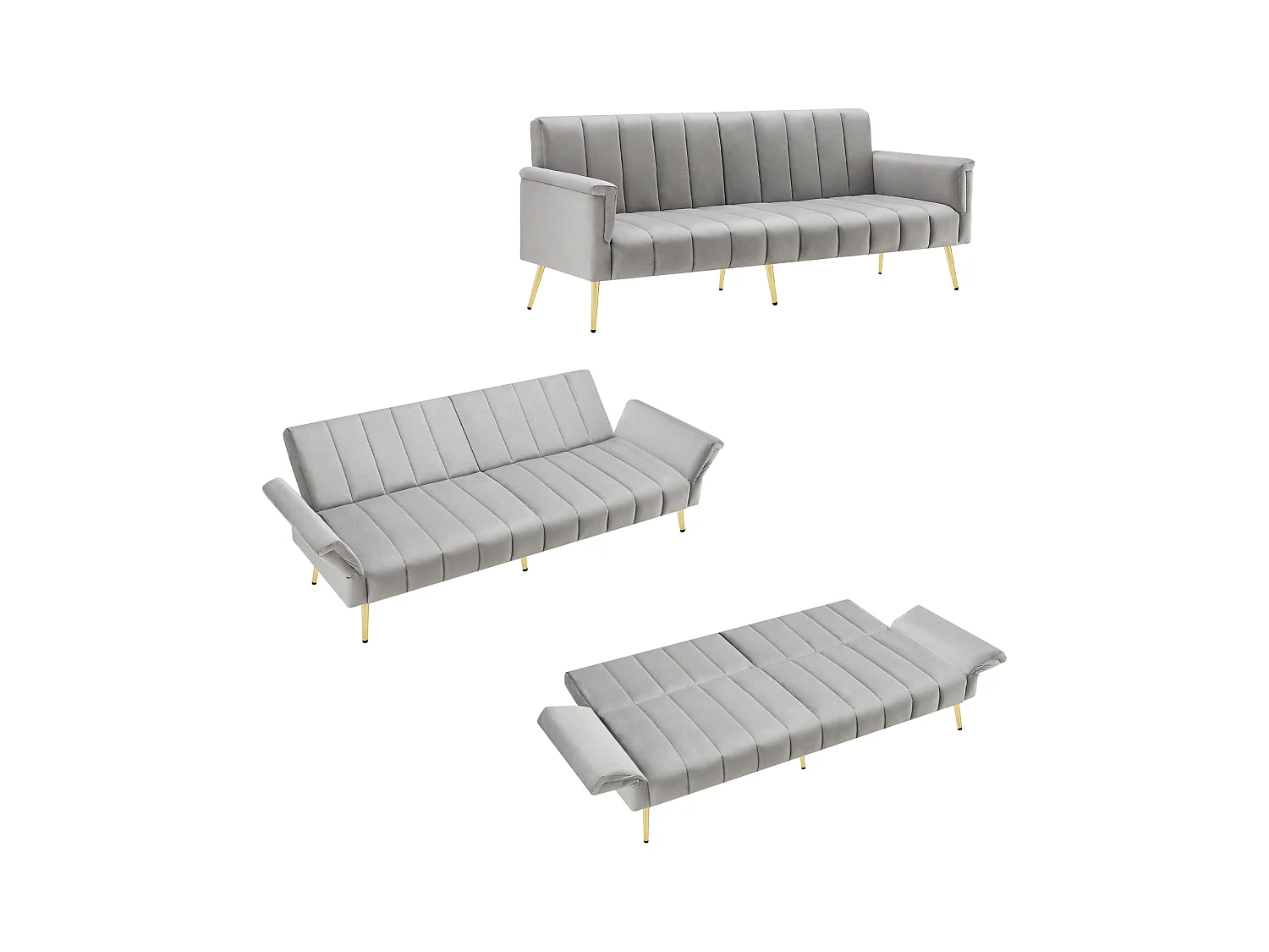 Graues gerades Sofa - Klappsofa mit verstellbarer Rückenlehne und Armlehnen - für wohnzimmer und schlafzimmer