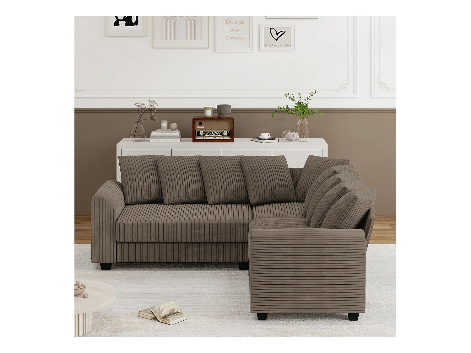 Canapé d'angle marron - Canapé 4 places avec coussins de dossier et accoudoirs - pour le salon