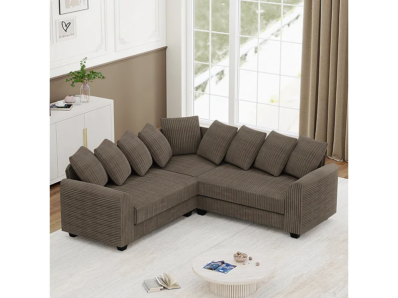 Brązowa sofa narożna - sofa 4-osobowa z poduszkami oparcia i podłokietnikami - sztruks - do salonu