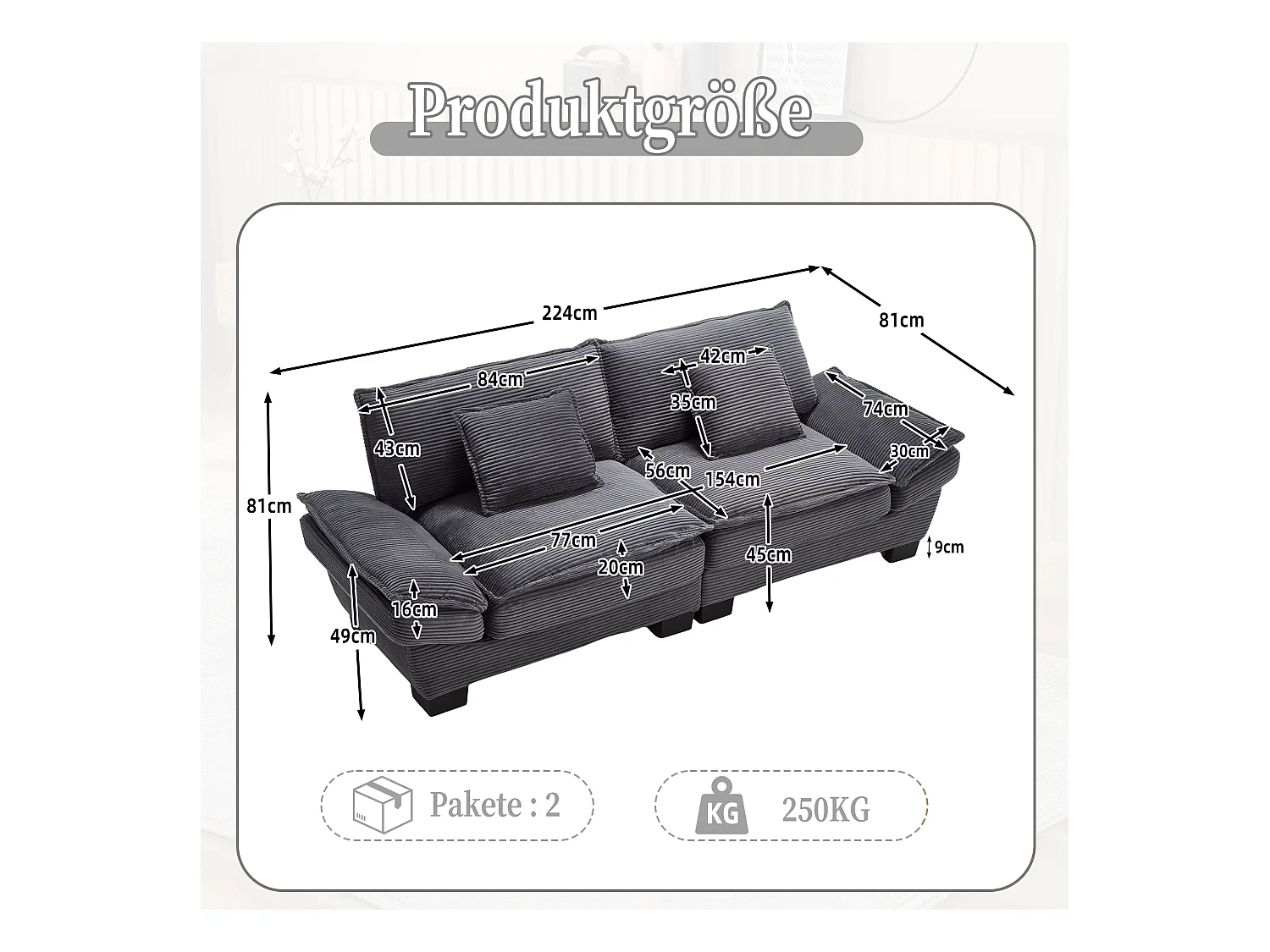 2-Sitzer-Sofa - Gerades Sofa mit Kissen - grau - für wohnzimmer und schlafzimmer