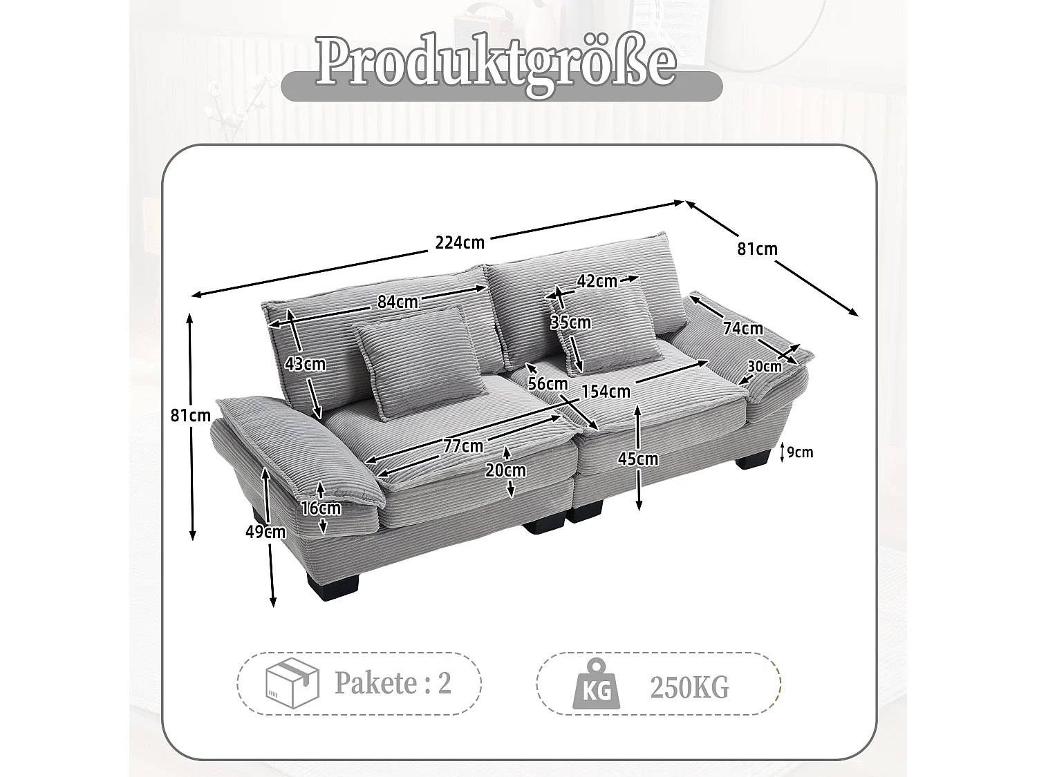 Canapé 2 places - Canapé droit avec coussins - gris clair - pour salon et chambre