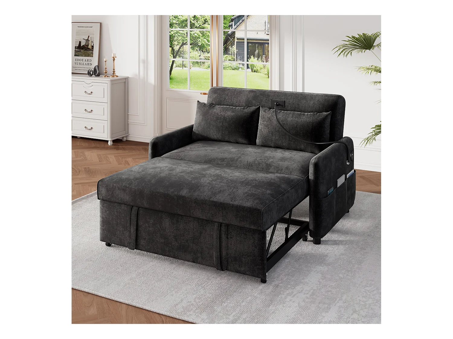 Canapé droit gris - Canapé pliant avec support téléphone et poche de rangement - dossier réglable - pour salon et chambre