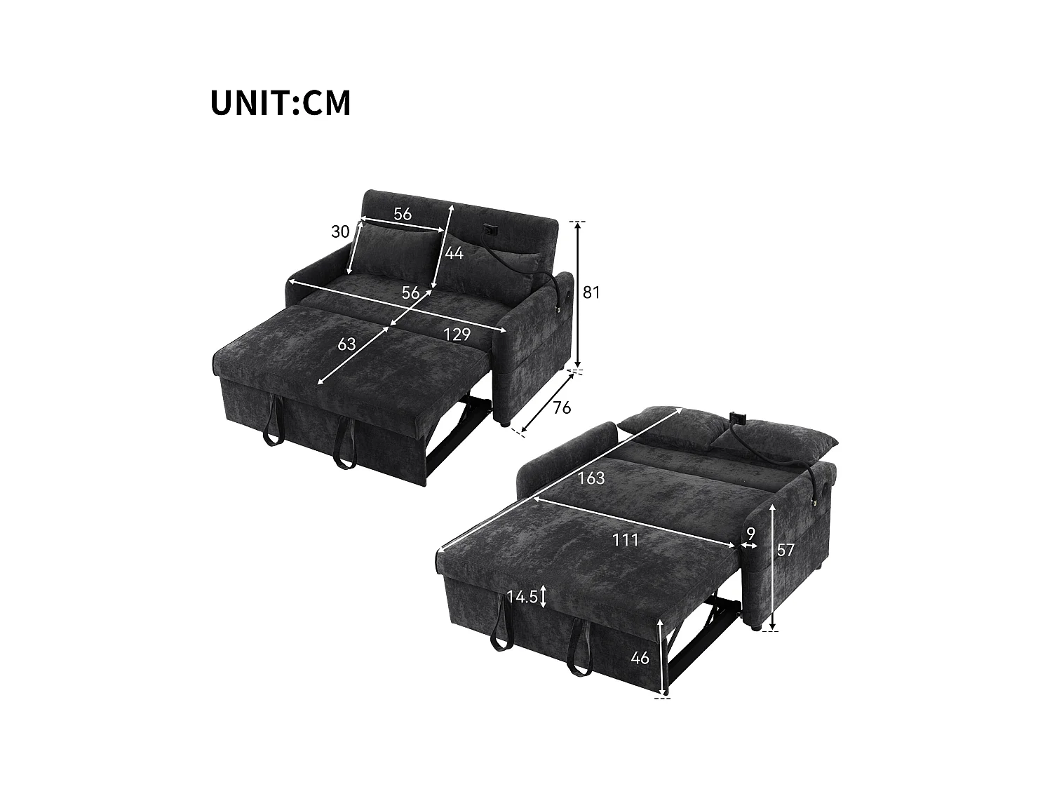 Canapé droit gris - Canapé pliant avec support téléphone et poche de rangement - dossier réglable - pour salon et chambre