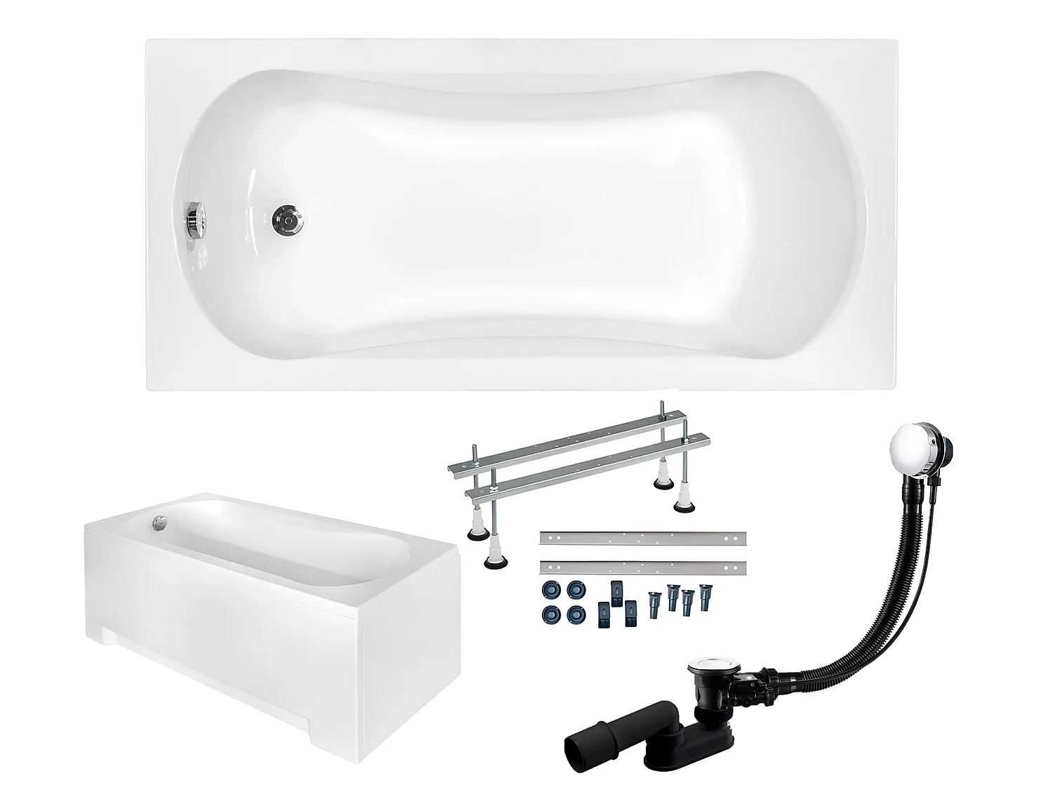 Baignoire rectangulaire 160x70 ARIA acrylique blanc + avec Tablier + Pieds + Vidage à chromé