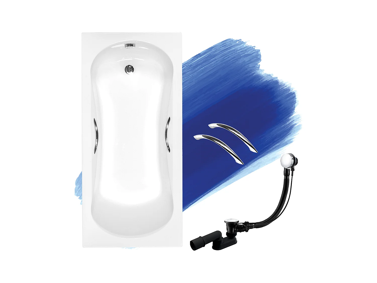 Baignoire rectangulaire 160x70 ARIA PLUS acrylique blanc, sans Habillage + Poignées + Pieds + Vidage à chromé