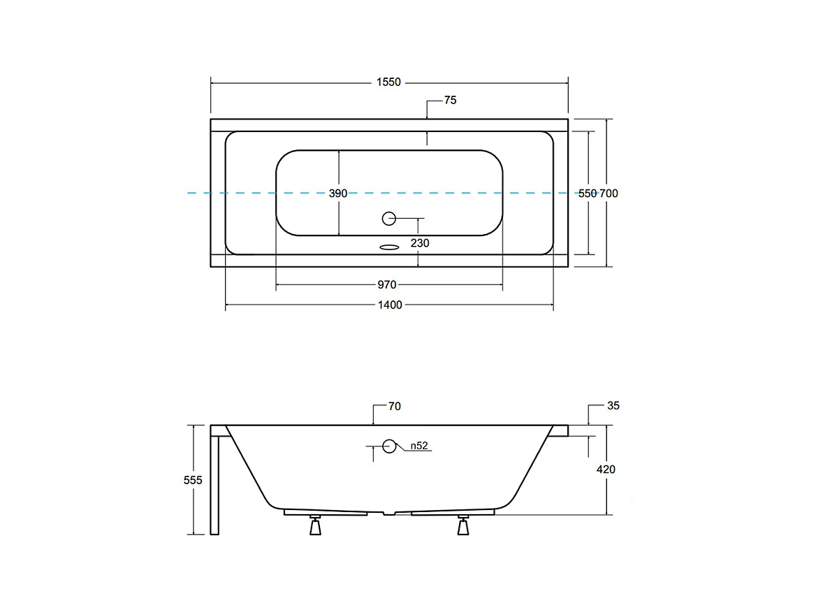 Badewanne Rechteck QUADRO 155x70 + Bambus Badewannenablage | Ablauf & Füße GRATIS !