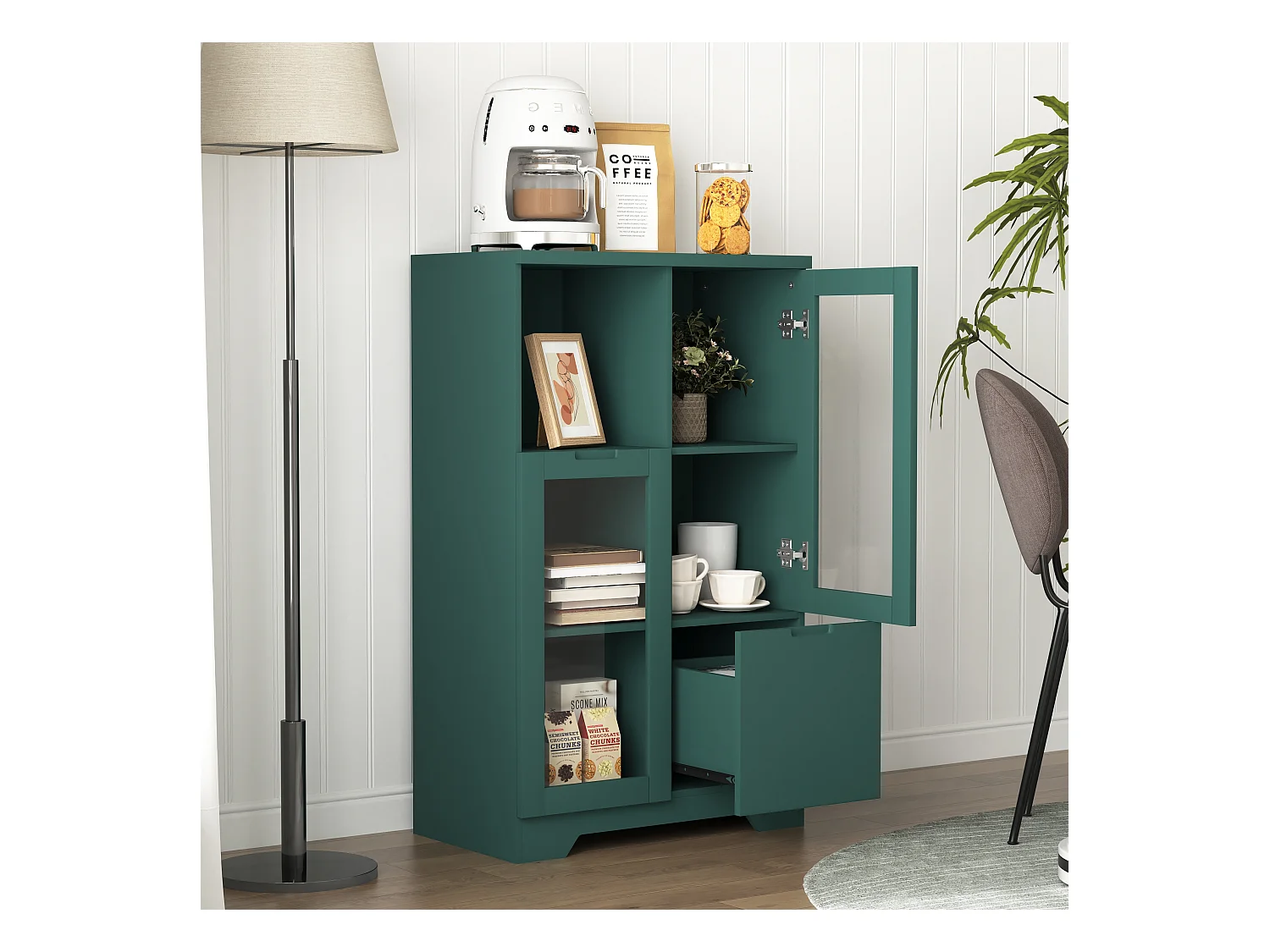 Grüne Vitrine - Esszimmermöbel mit 2 Türen und 1 Schublade - Offene Aufbewahrung - für schlafzimmer und wohnzimmer