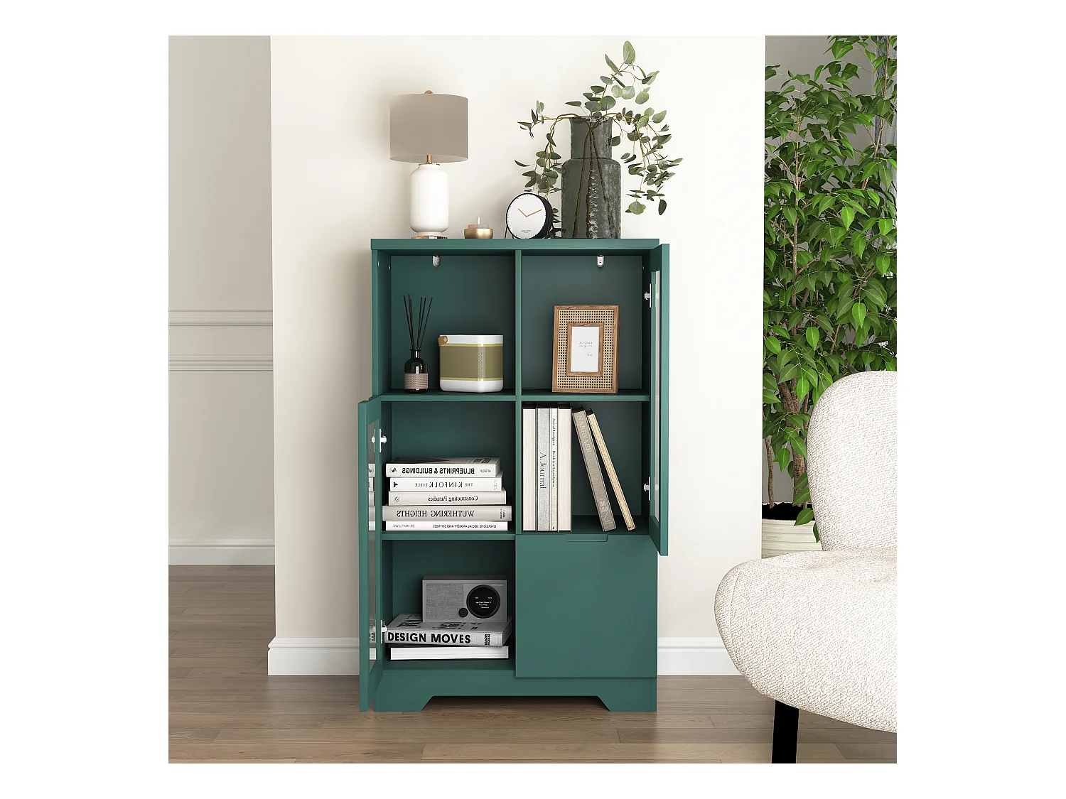 Grüne Vitrine - Esszimmermöbel mit 2 Türen und 1 Schublade - Offene Aufbewahrung - für schlafzimmer und wohnzimmer