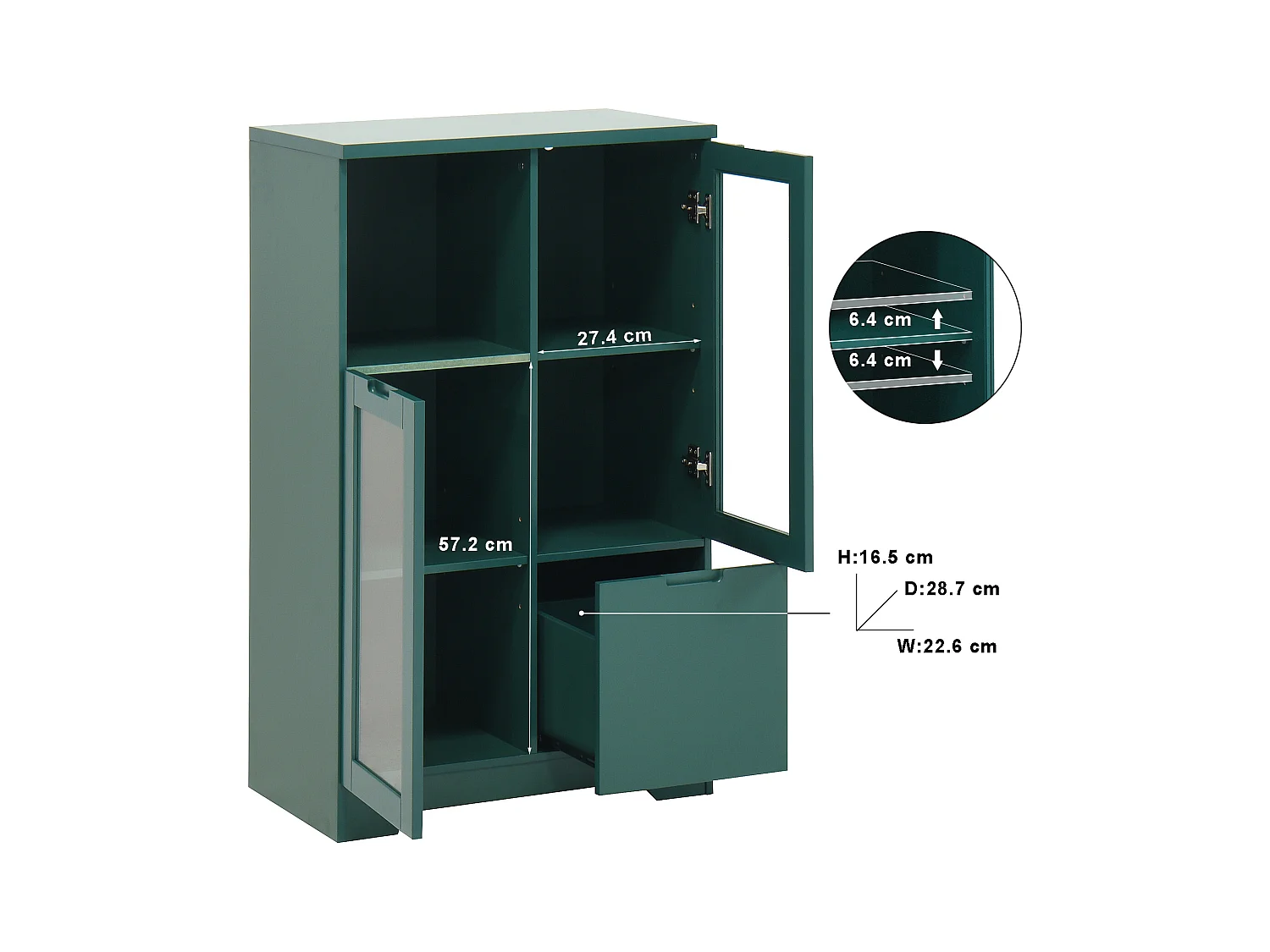 Grüne Vitrine - Esszimmermöbel mit 2 Türen und 1 Schublade - Offene Aufbewahrung - für schlafzimmer und wohnzimmer