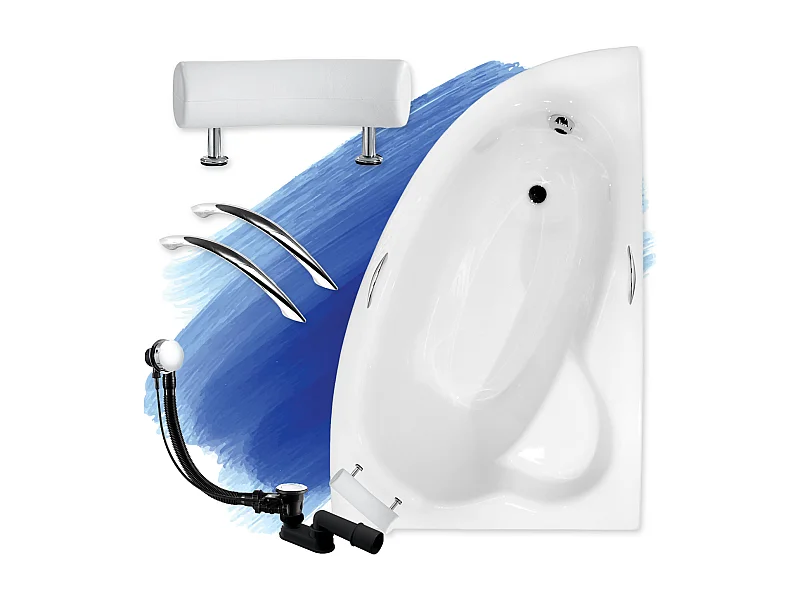 Baignoire asymétrique 150x100 Droite NATALIA PREMIUM acrylique blanc, sans Habillage + Poignées + Repose Tête + Pieds + Vidage à chromé