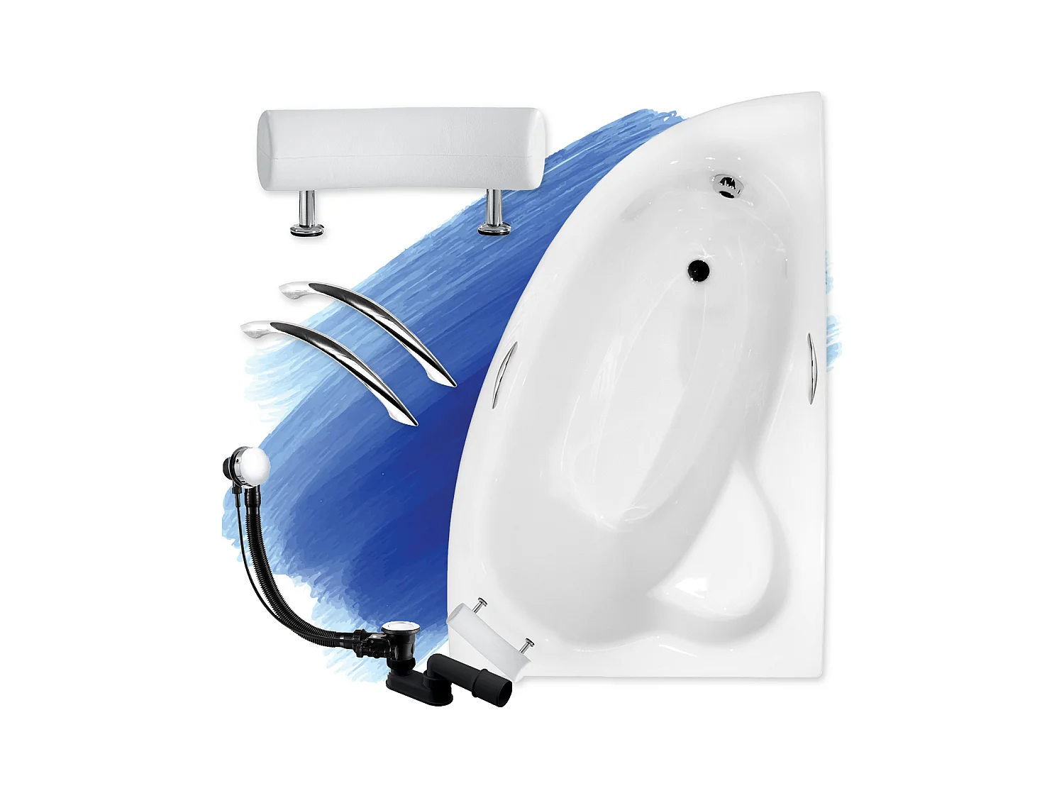 Baignoire asymétrique 150x100 Droite NATALIA PREMIUM acrylique blanc, sans Habillage + Poignées + Repose Tête + Pieds + Vidage à chromé