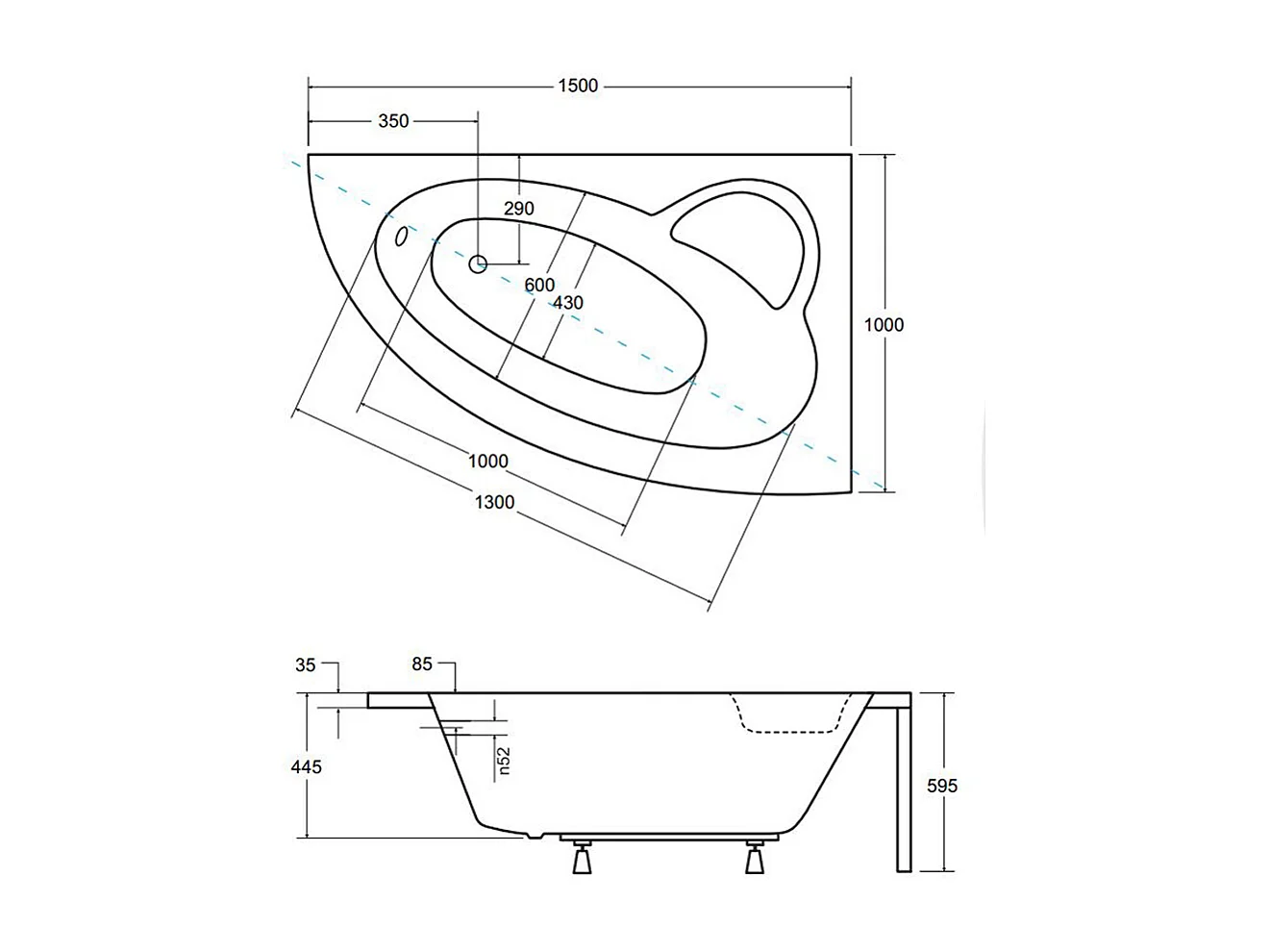 Baignoire asymétrique 150x100 Droite NATALIA PREMIUM acrylique blanc, sans Habillage + Poignées + Repose Tête + Pieds + Vidage à chromé