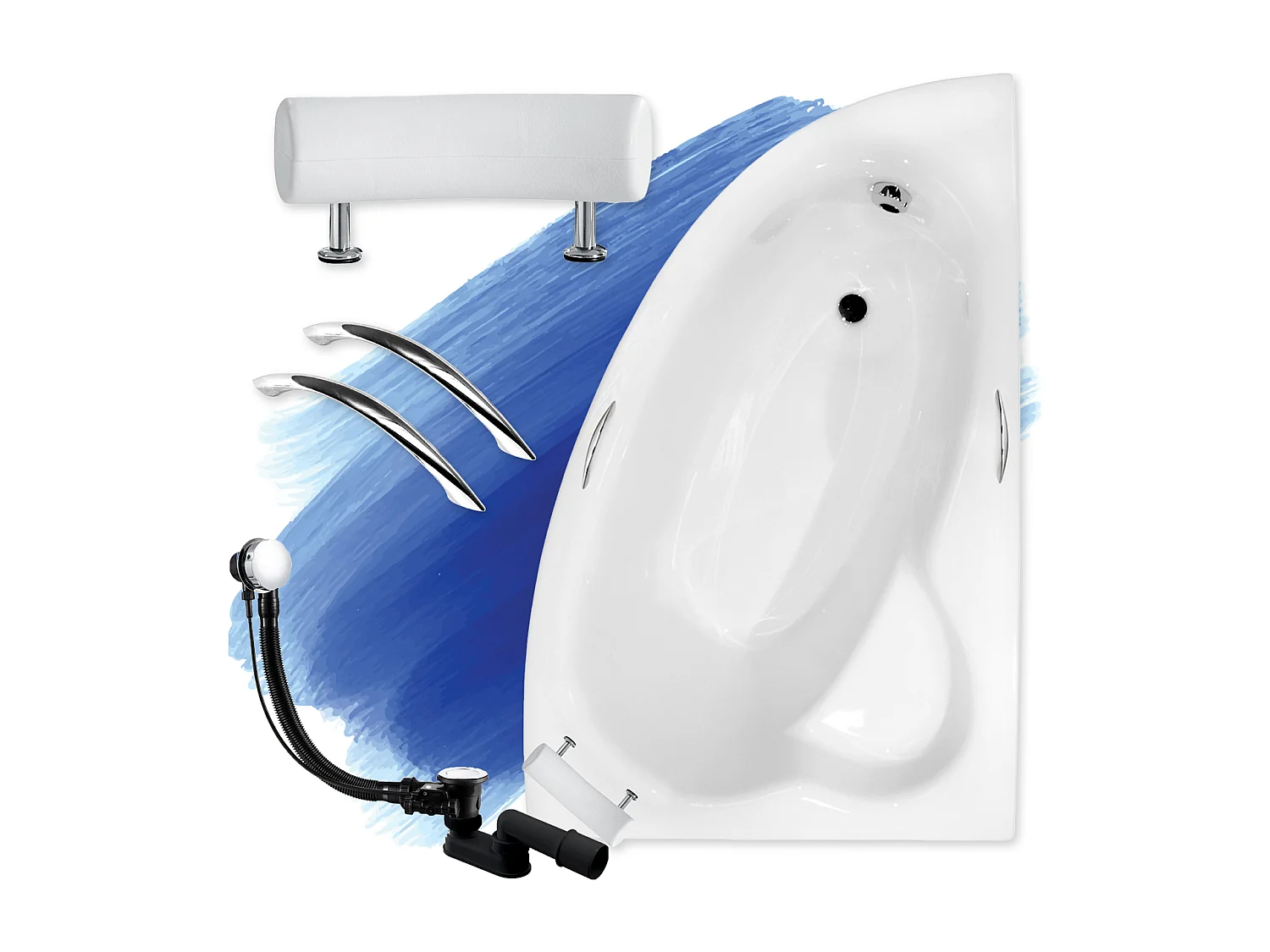 Baignoire asymétrique 150x100 Droite NATALIA PREMIUM acrylique blanc, sans Habillage + Poignées + Repose Tête + Pieds + Vidage à chromé