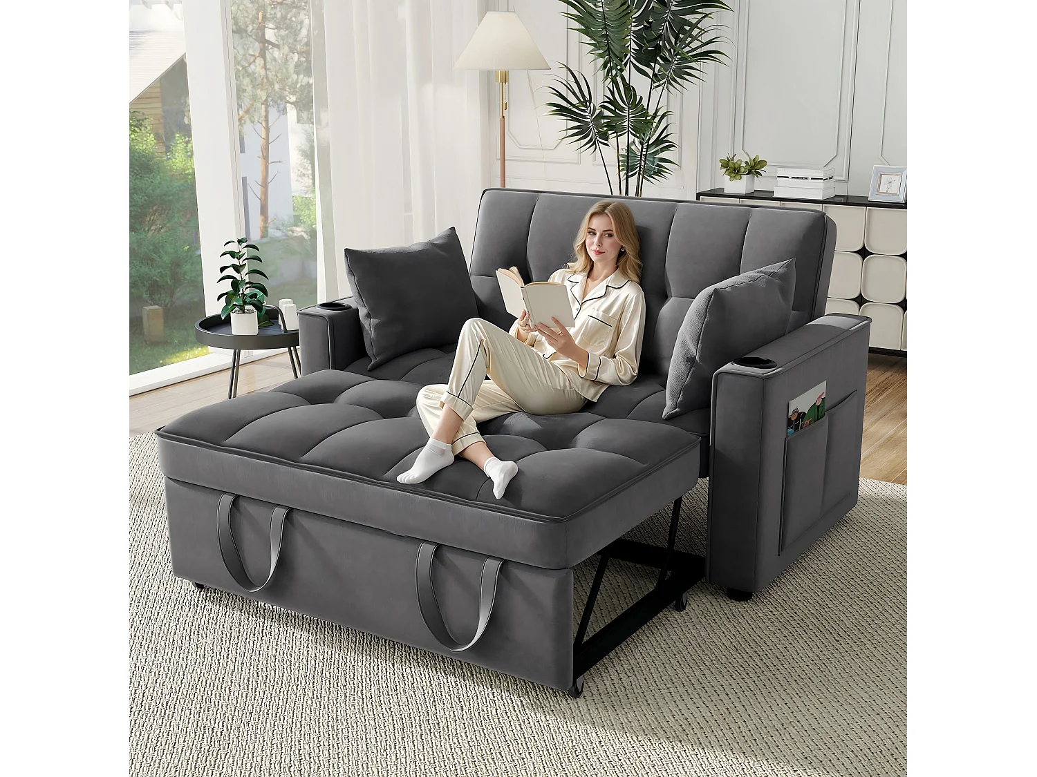 Canapé 2 places gris - Fauteuil convertible avec porte-gobelet et poche de rangement - coussins et roulettes