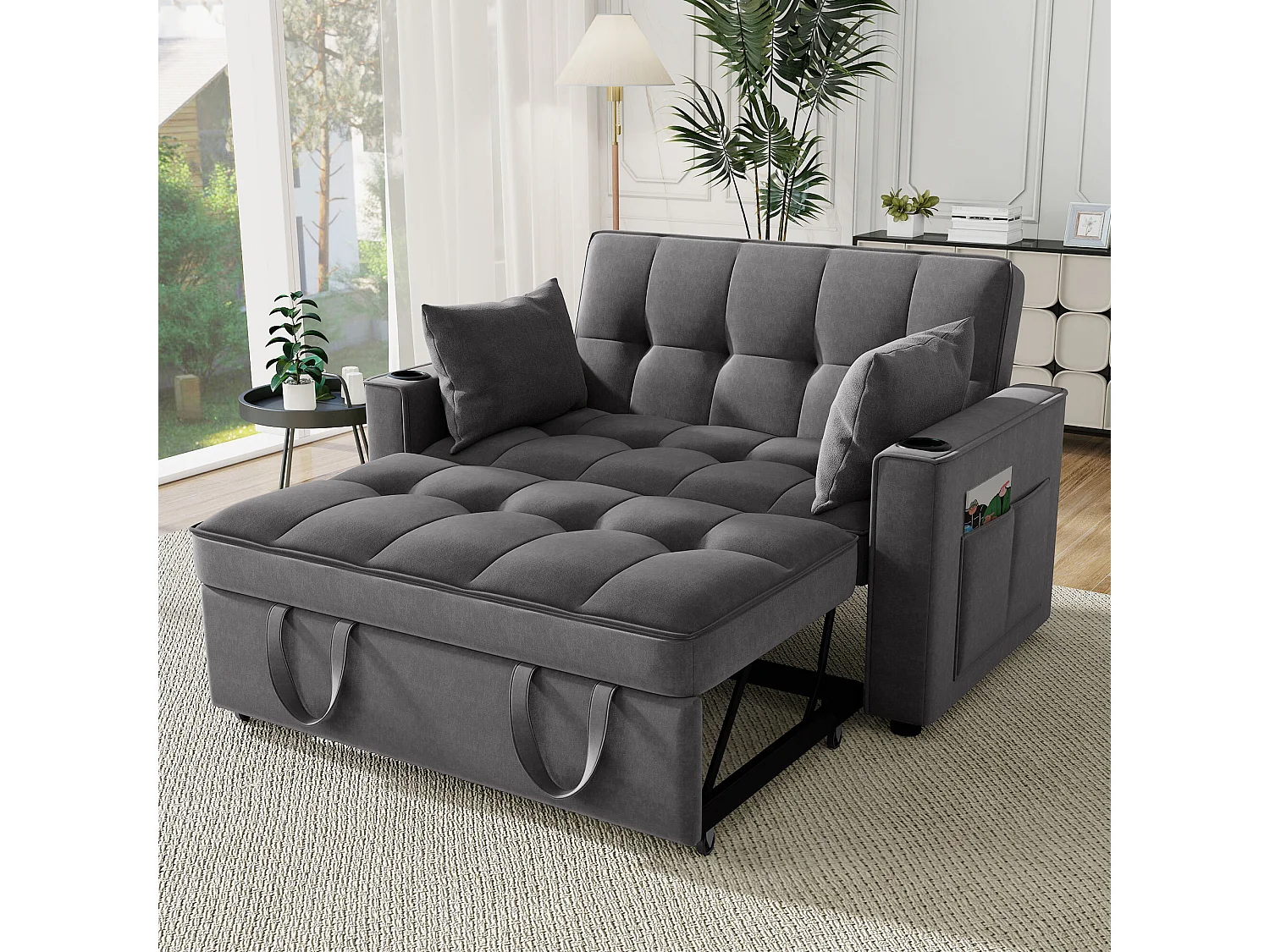 Canapé 2 places gris - Fauteuil convertible avec porte-gobelet et poche de rangement - coussins et roulettes