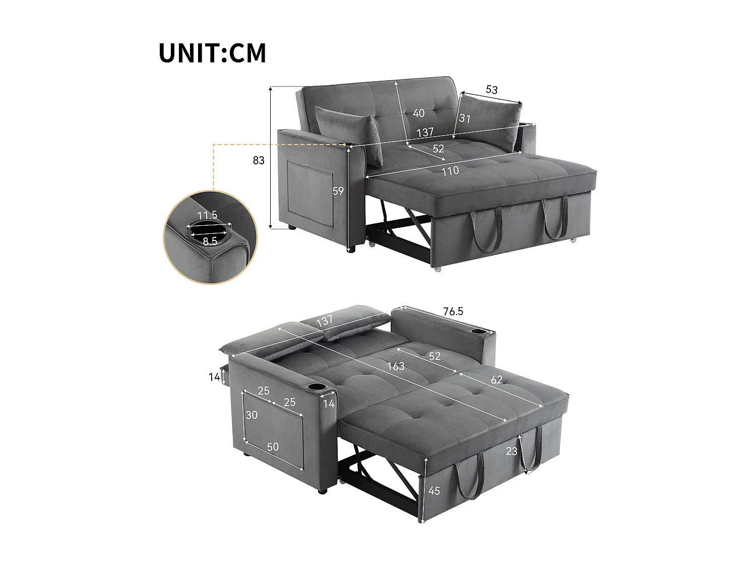 Canapé 2 places gris - Fauteuil convertible avec porte-gobelet et poche de rangement - coussins et roulettes