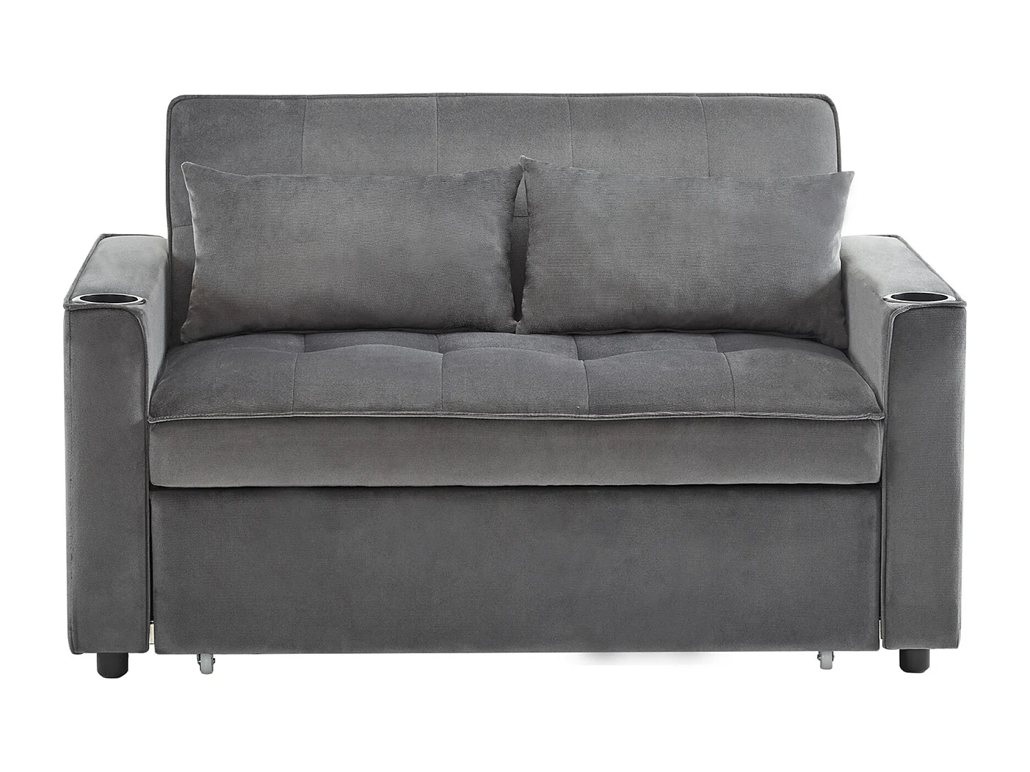Canapé 2 places gris - Fauteuil convertible avec porte-gobelet et poche de rangement - coussins et roulettes