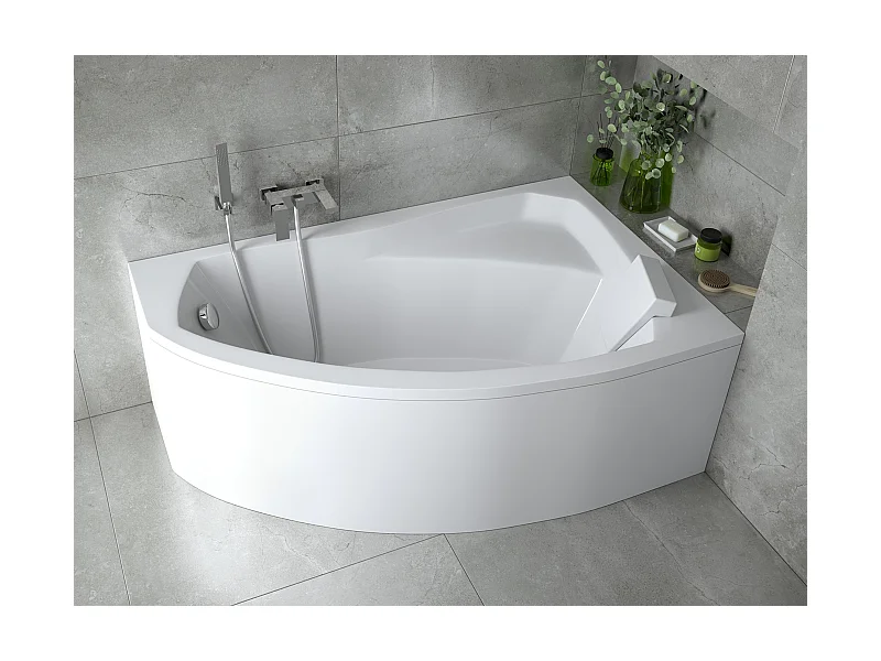 Baignoire asymétrique 150x95 Droite RIMA acrylique blanc + avec Tablier + Repose Tête + Pieds + Vidage à chromé