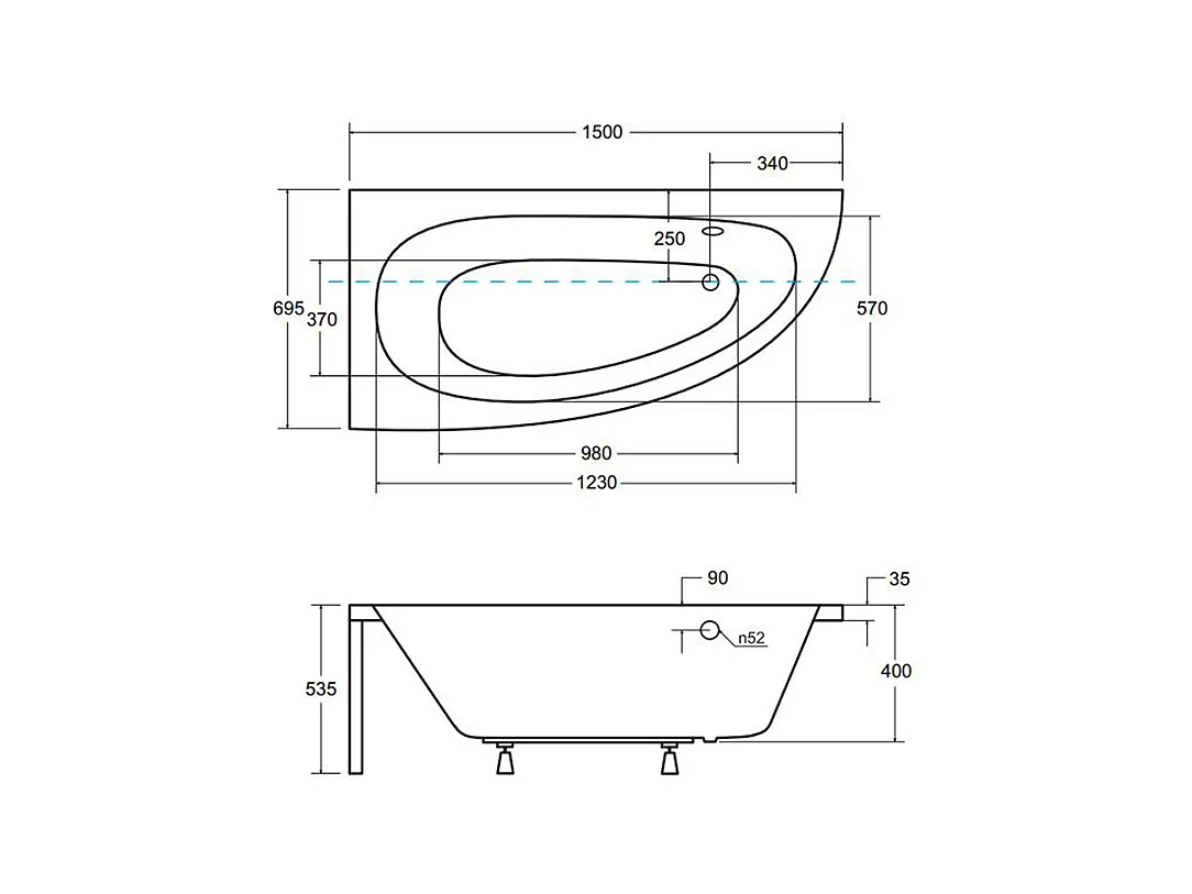 Hoekbadkuip MILENA PREMIUM 150x70 links | Afvoer &amp; poten GRATIS!