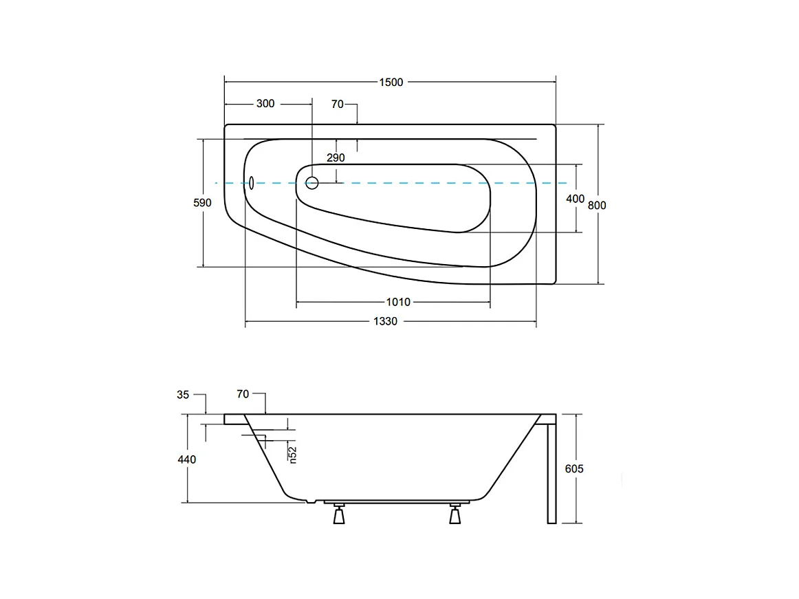 Baignoire asymétrique 150x80 Droite LUNA acrylique blanc + avec Tablier + Pieds + Vidage à chromé