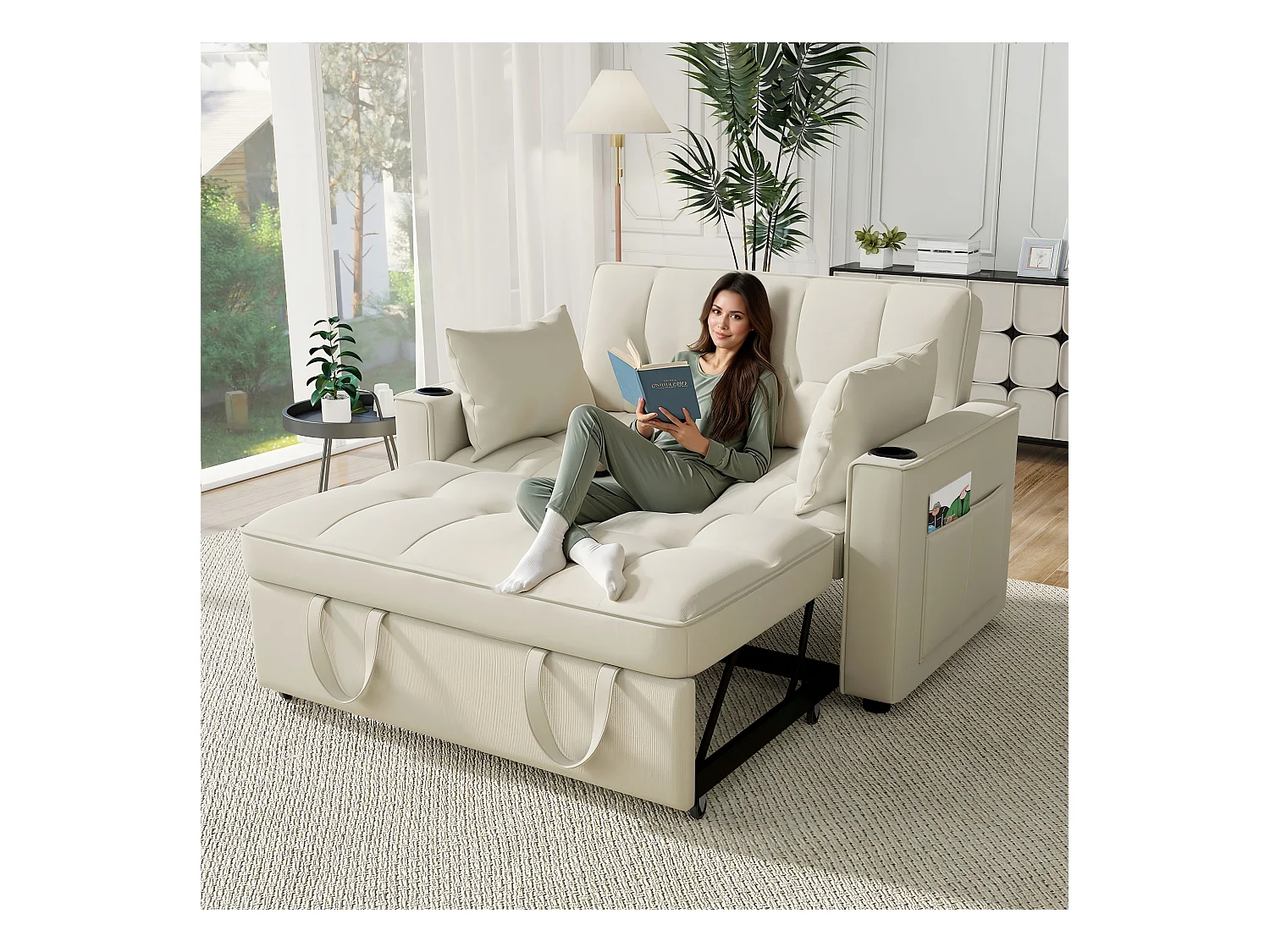 Canapé 2 places beige - Fauteuil convertible avec porte-gobelet et poche de rangement - coussins et roulettes