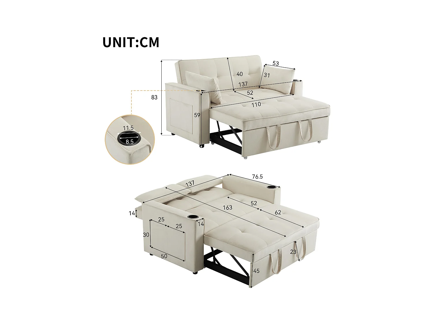 Canapé 2 places beige - Fauteuil convertible avec porte-gobelet et poche de rangement - coussins et roulettes