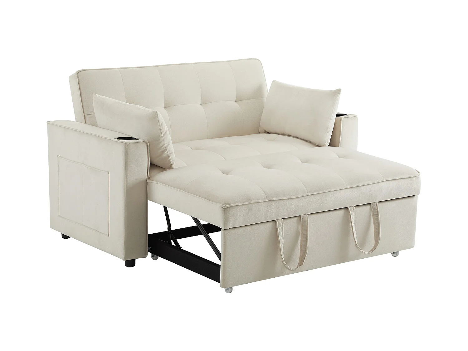 Canapé 2 places beige - Fauteuil convertible avec porte-gobelet et poche de rangement - coussins et roulettes