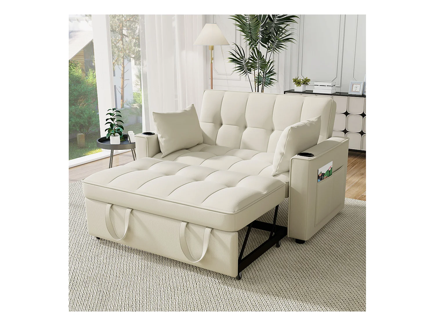Canapé 2 places beige - Fauteuil convertible avec porte-gobelet et poche de rangement - coussins et roulettes