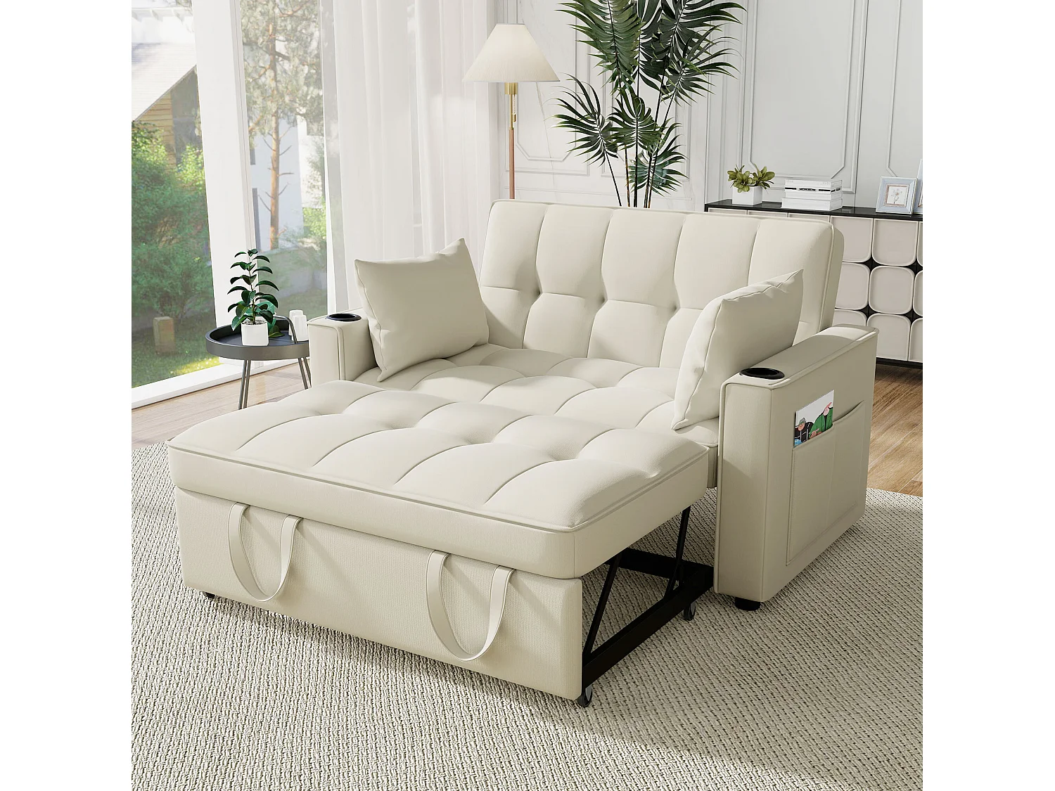 Divano 2 posti beige - Poltrona trasformabile con portabicchieri e tasca portaoggetti - cuscini e rotelle