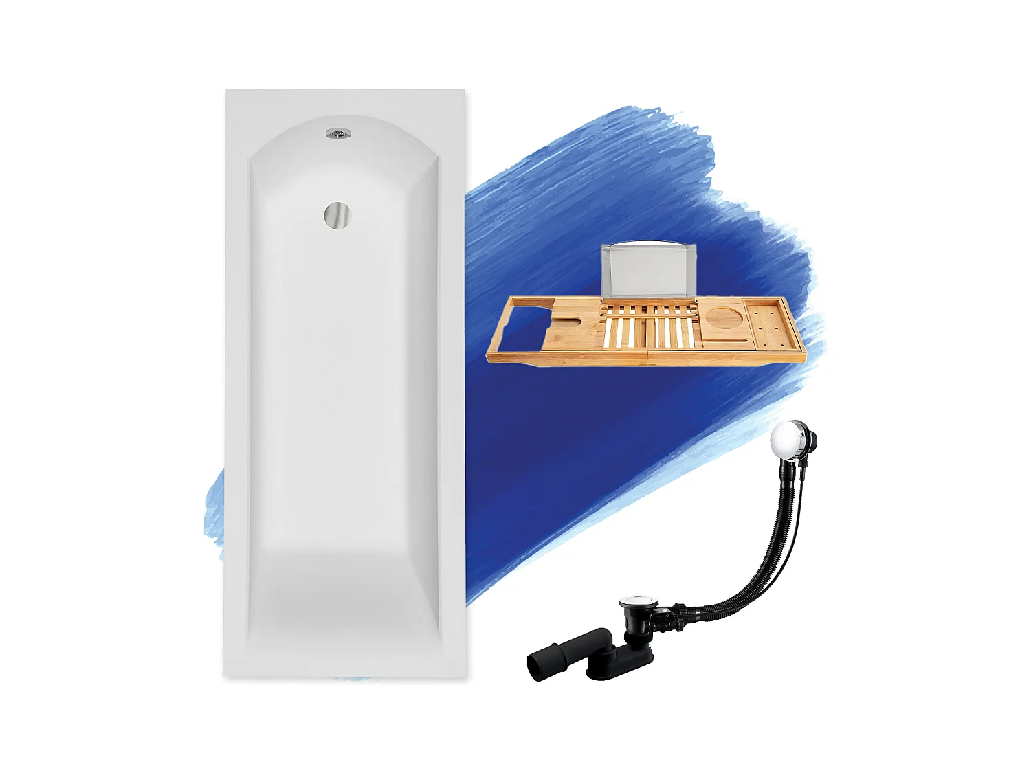 Baignoire rectangulaire 180x80 SHEA acrylique blanc, sans Habillage + Étagère bambou + Pieds + Vidage à chromé