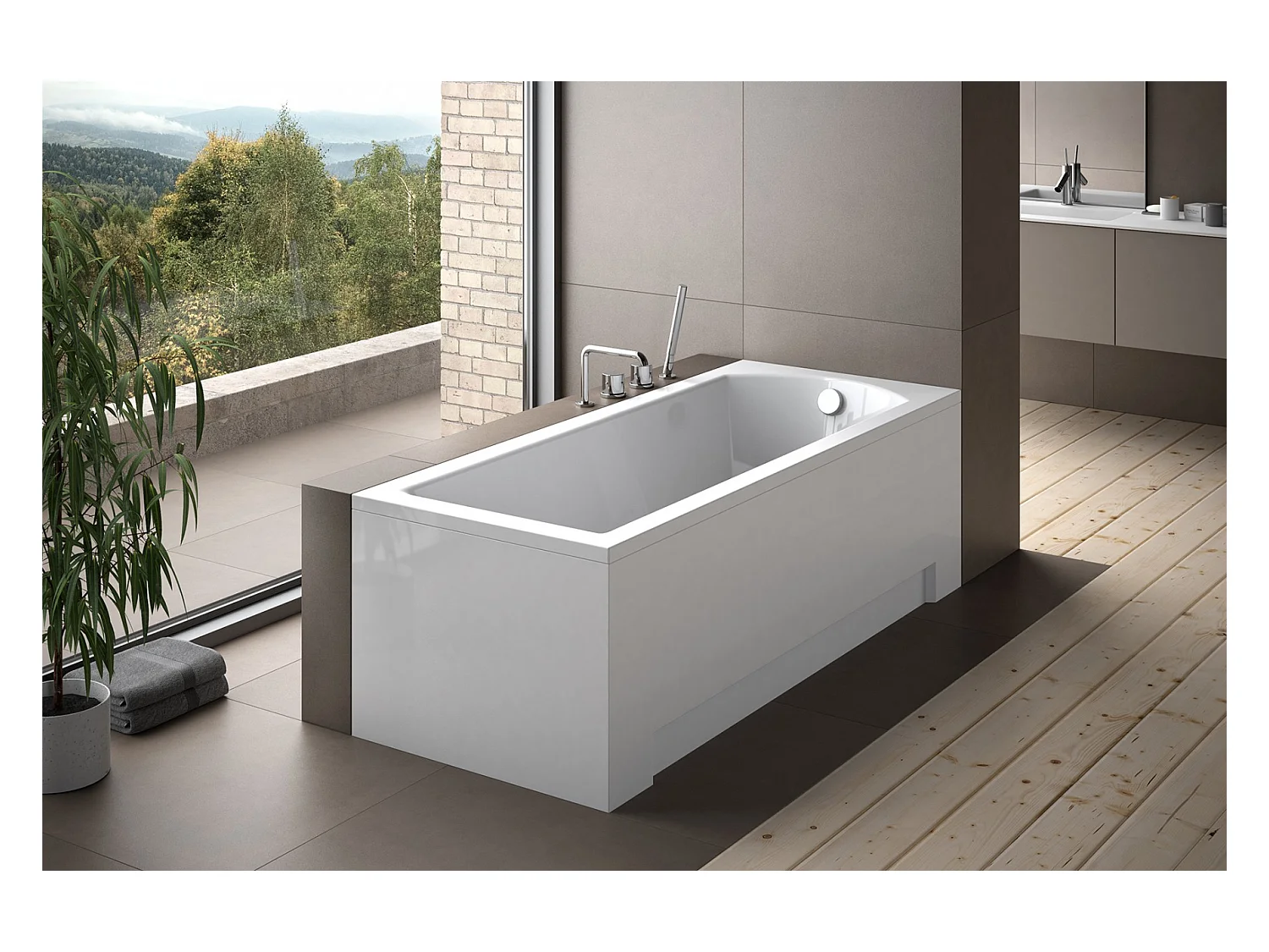 Baignoire rectangulaire 180x80 SHEA acrylique blanc, sans Habillage + Étagère bambou + Pieds + Vidage à chromé