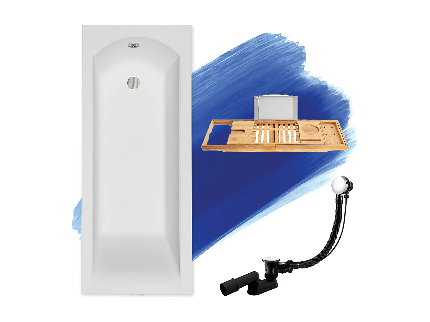 Baignoire rectangulaire 180x80 SHEA acrylique blanc, sans Habillage + Étagère bambou + Pieds + Vidage à chromé