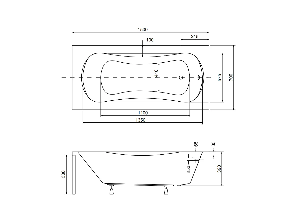 Badewanne Rechteck ARIA PLUS 150x70 mit Wannenträger und Handgriffen | Ablauf & Füße GRATIS !