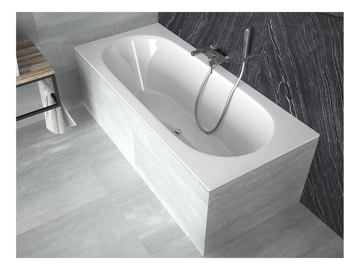 Baignoire rectangulaire 170x75 VITAE SLIM acrylique blanc + Habillage en polystyrène + Pieds + Vidage à chromé