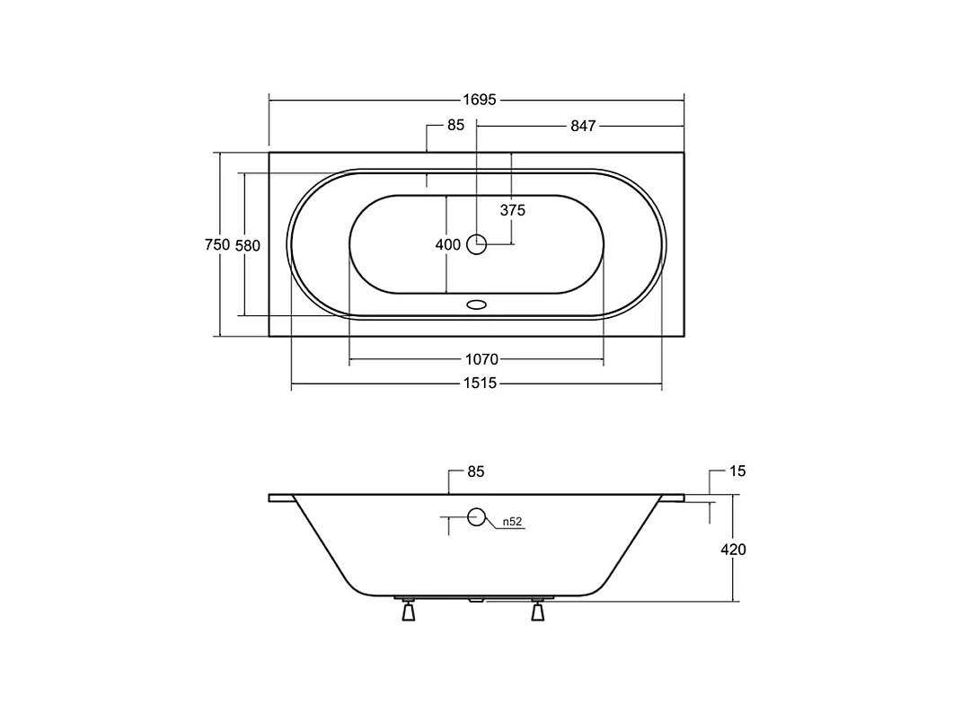 Baignoire rectangulaire 170x75 VITAE SLIM acrylique blanc + Habillage en polystyrène + Pieds + Vidage à chromé