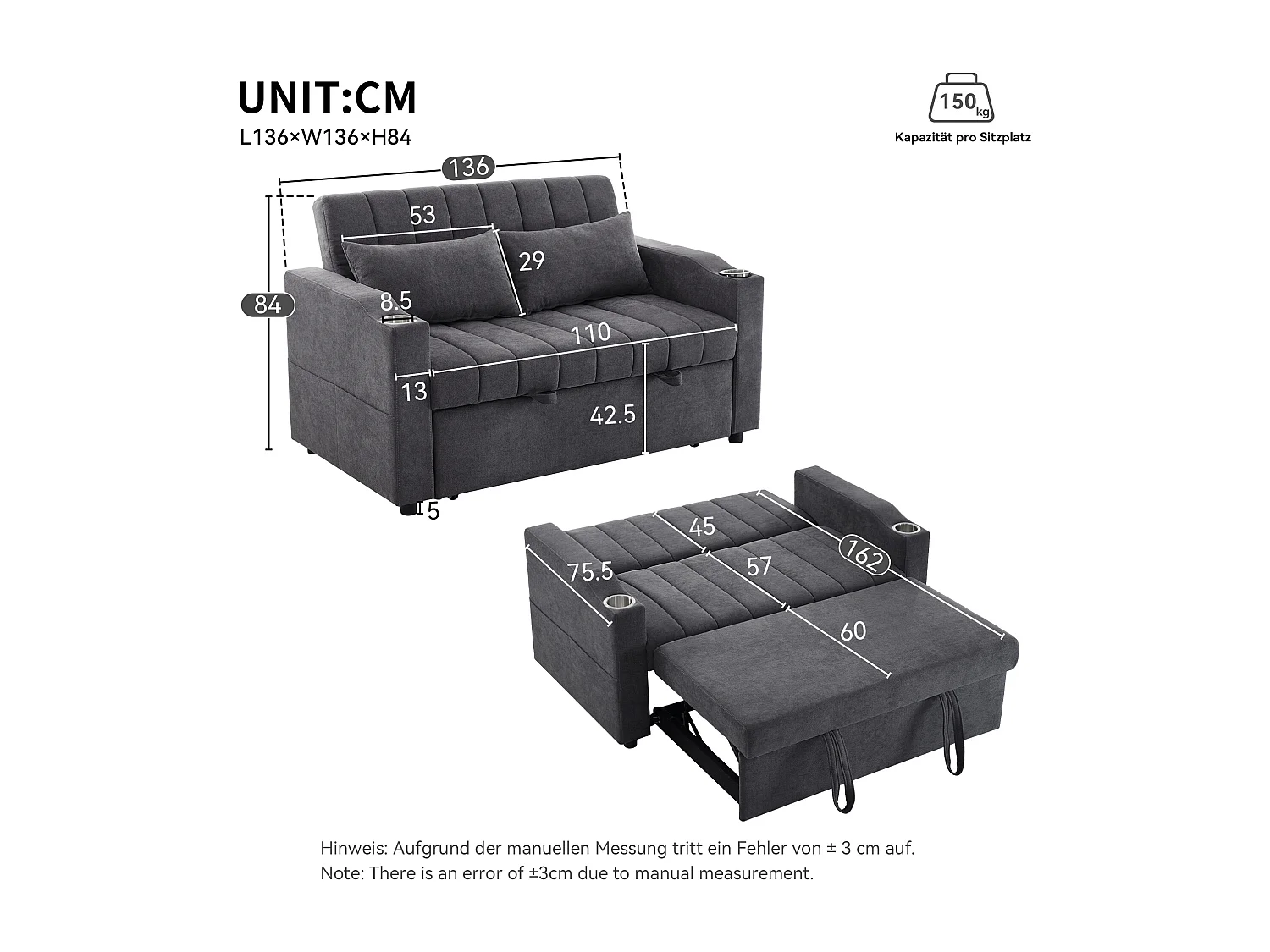 Canapé 2 places gris - Fauteuil convertible avec porte-gobelet et poche de rangement - pour salon et chambre