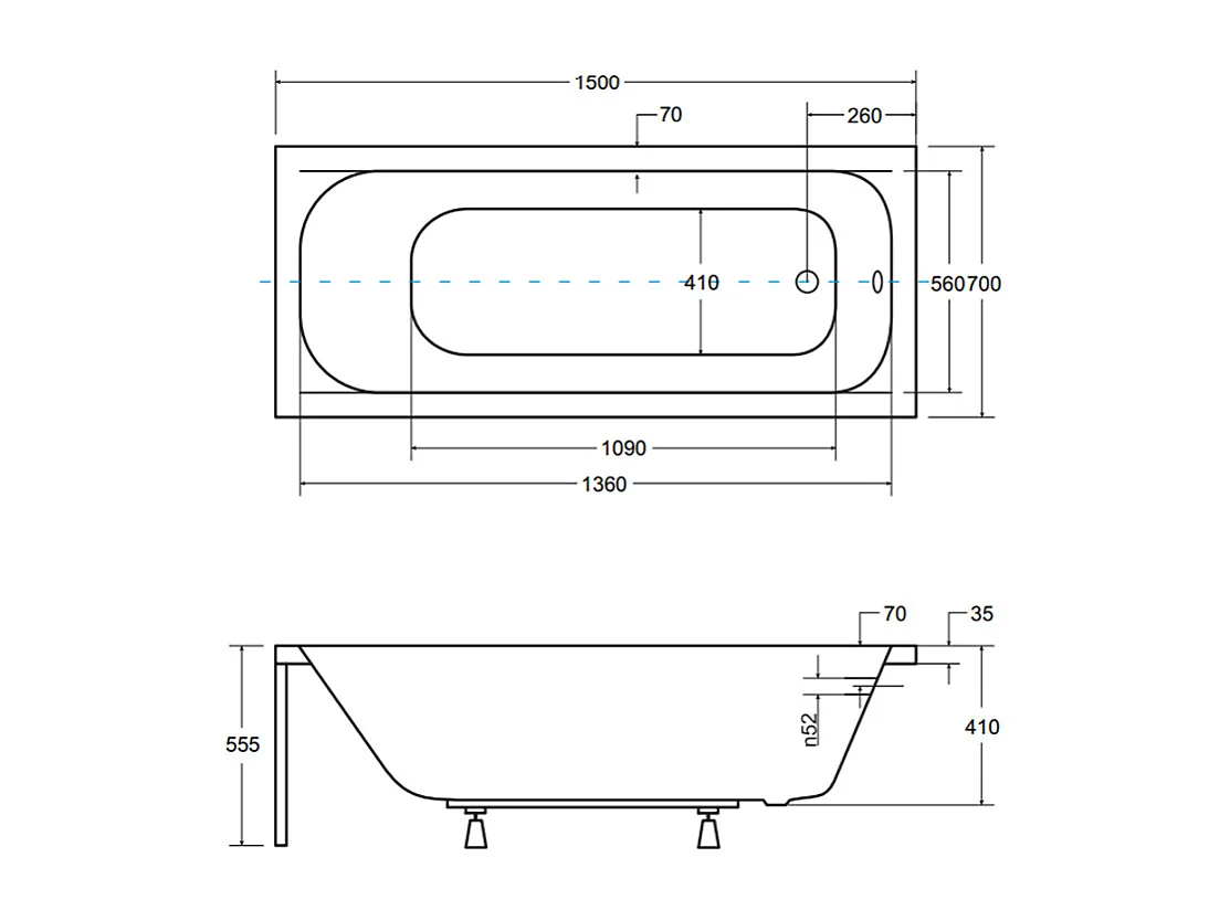 Badewanne Rechteck CONTINEA 150x70 mit Wannenträger | Ablauf & Füße GRATIS !