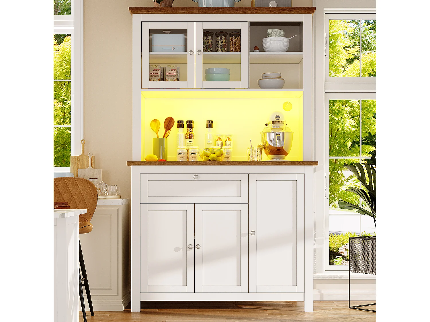 Credenza alta bianca - Credenza con 1 cassetto e 5 ante - Illuminazione a LED e vano portaoggetti aperto - per cucina e soggiorno