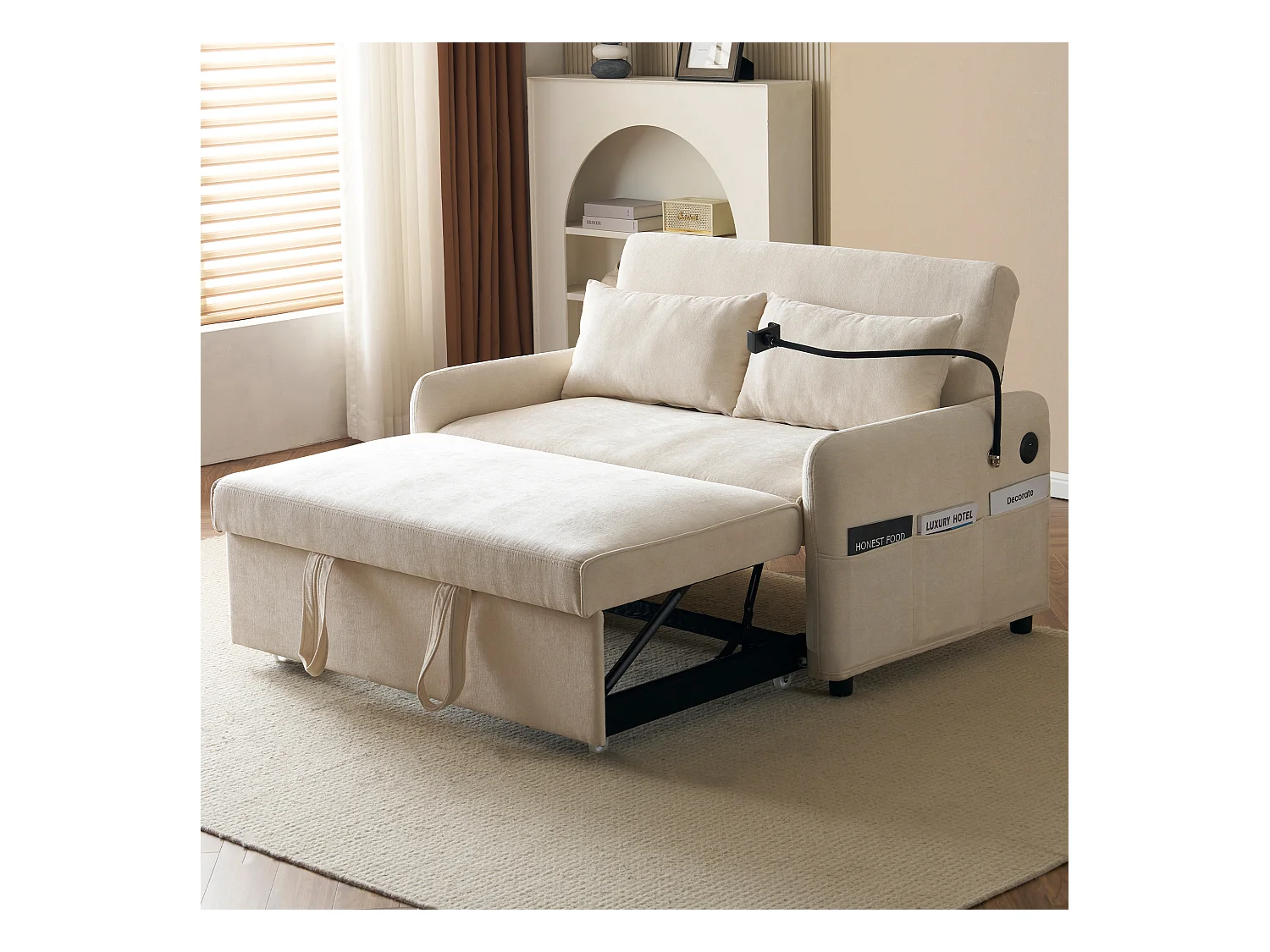 Canapé droit beige - Canapé pliant avec support téléphone et poche de rangement - dossier réglable - pour salon et chambre