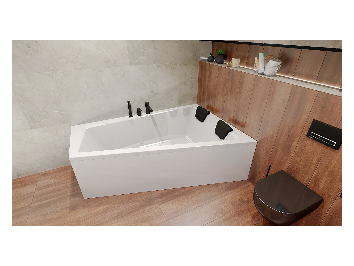 Baignoire asymétrique 170x125 Droite INTIMA acrylique blanc, sans Habillage + Repose Tête + Pieds + Vidage à chromé
